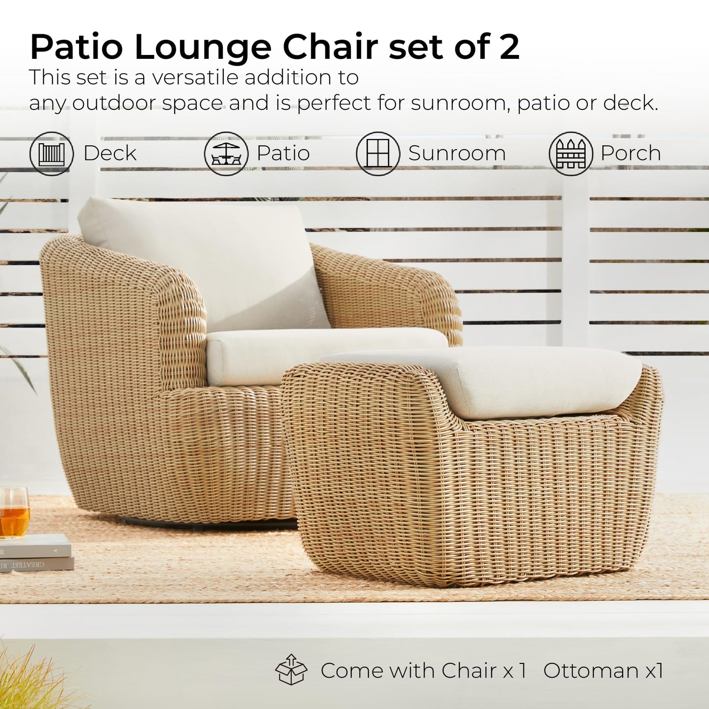 CHITA 5 Pieces Patio Wicker Furniture Set, Outdoor Rattan Bistro Set with Removable Thickened Cushions, Fully Assembled(Beige Cushions with Light Brown Wicker)
