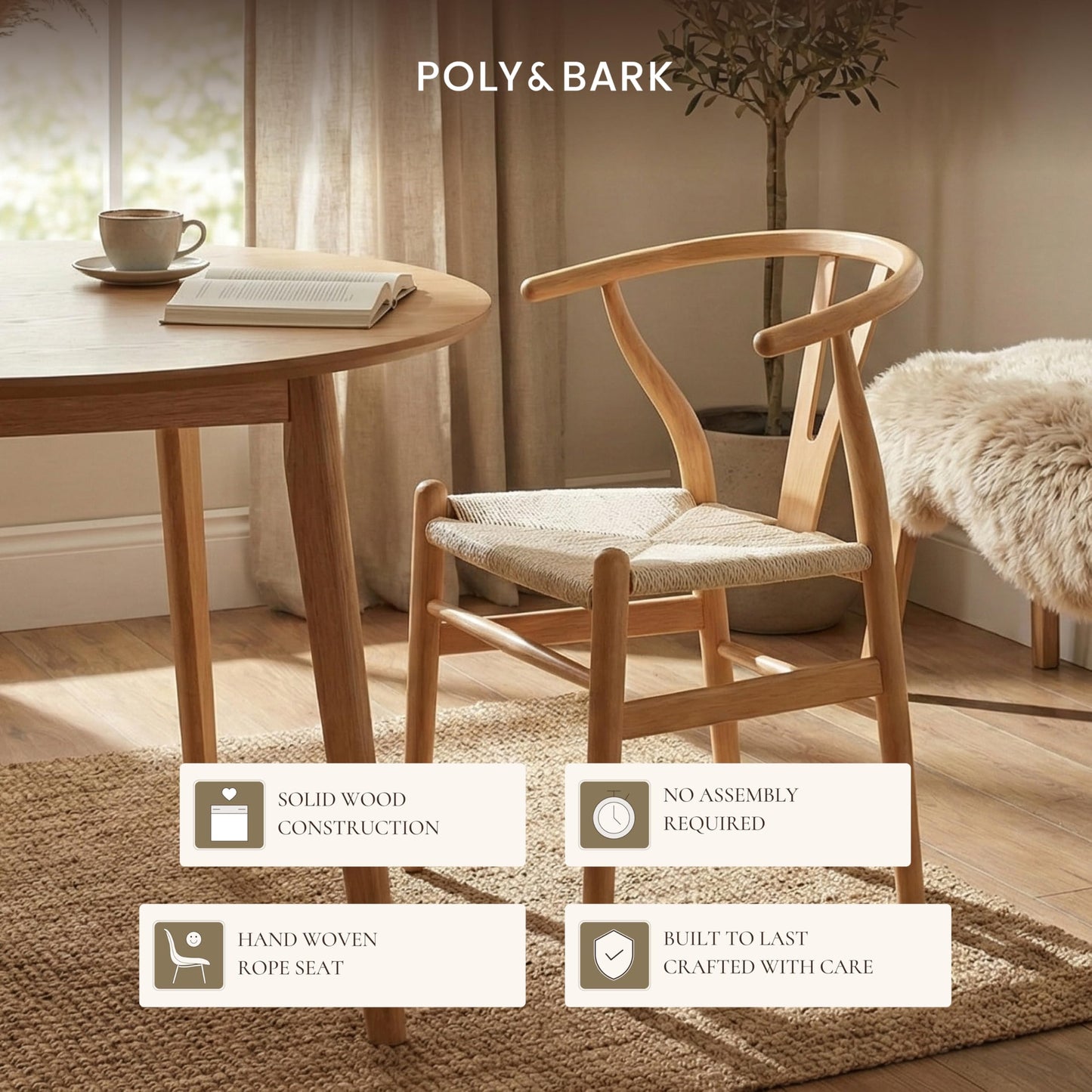 POLY & BARK Weave Dining Chair – Mid-Century Modern Wishbone Dining Chair with Arms, Solid Wood Frame, Indoor Use – Black – Single - Ideal for Dining Room, Kitchen or Stylish Accent Setting