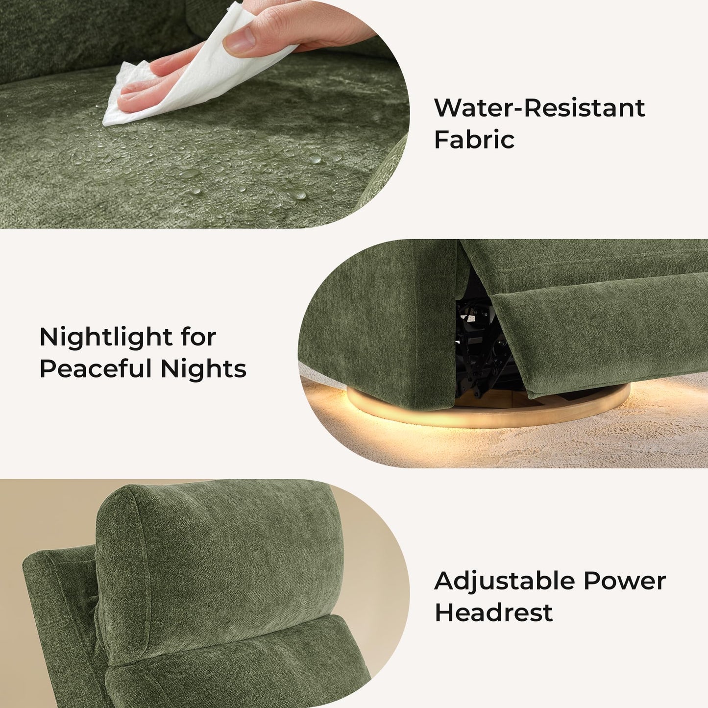 CHITA Power Swivel Glider for Adults with Nightlight, Nursery Recliner Chair with Power Headrest for Living Room, Bedroom, Water-Resistant Boucle Fabric in Sand