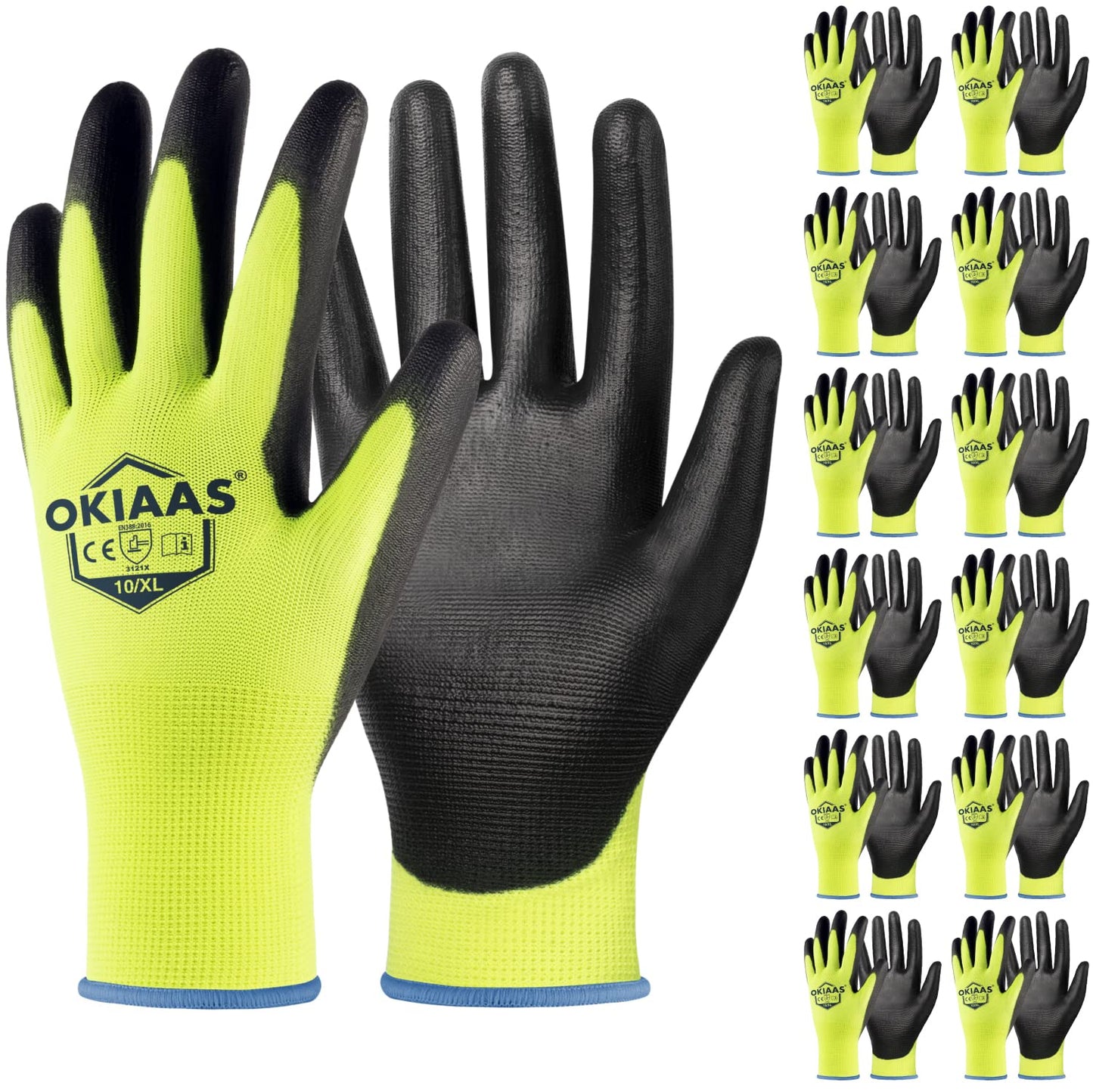 OKIAAS Work Gloves for Men,Ultra Thin and Lightweight Working Gloves with Grip,12 Pairs Bulk Pack Construction Gloves with Polyurethane Coating,Safety Gloves for Light Duty Work (Black, Large)