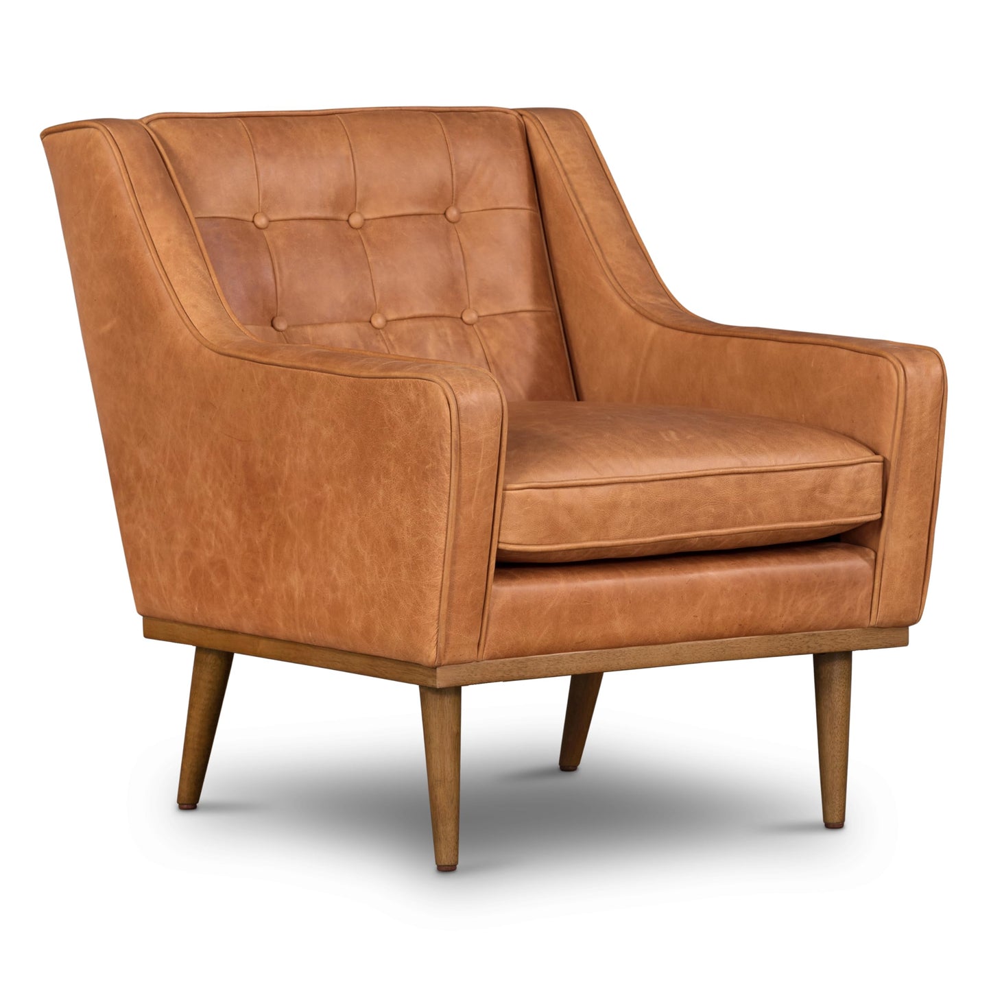 Poly & BARK Rowan Lounge Chairs Set of 2 – Mid Century Modern Leather Armchairs with Ribbed Seat and Solid Ash Wood Frame, Cognac Tan