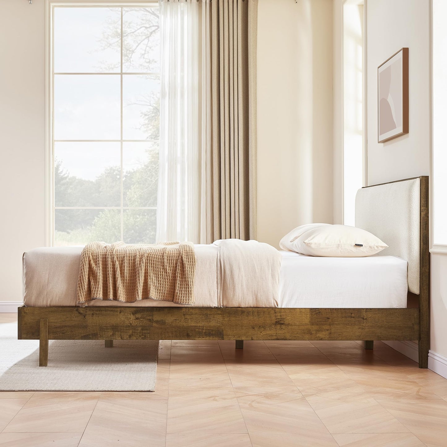 CHITA Queen Size Platform Bed Frame, with Boucle Upholstered Headboard and Wooden Slats Support, No Box Spring Required, Easy Assembly, Walnut