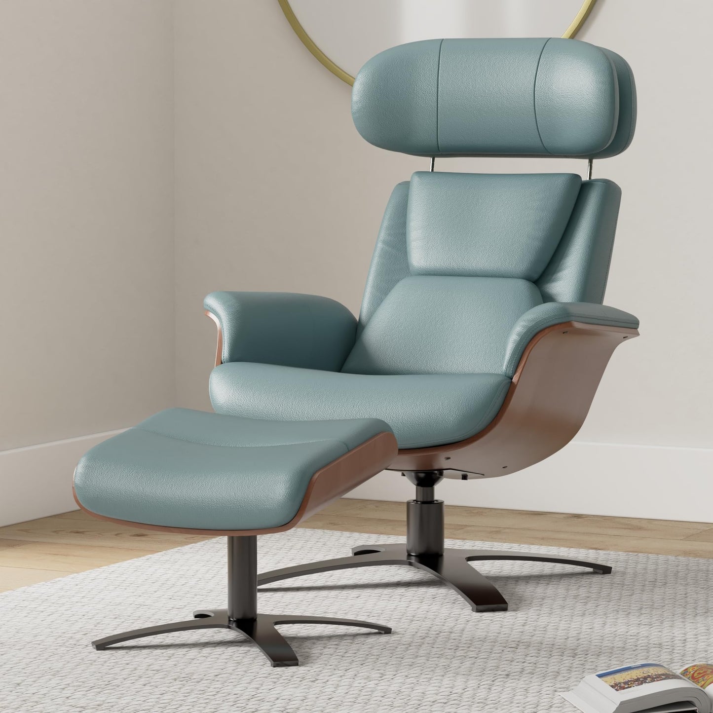 CHITA Genuine Leather Reclining Swivel Chair with Adjustable Headrest and Ottoman for Living Room, Office, Saddle
