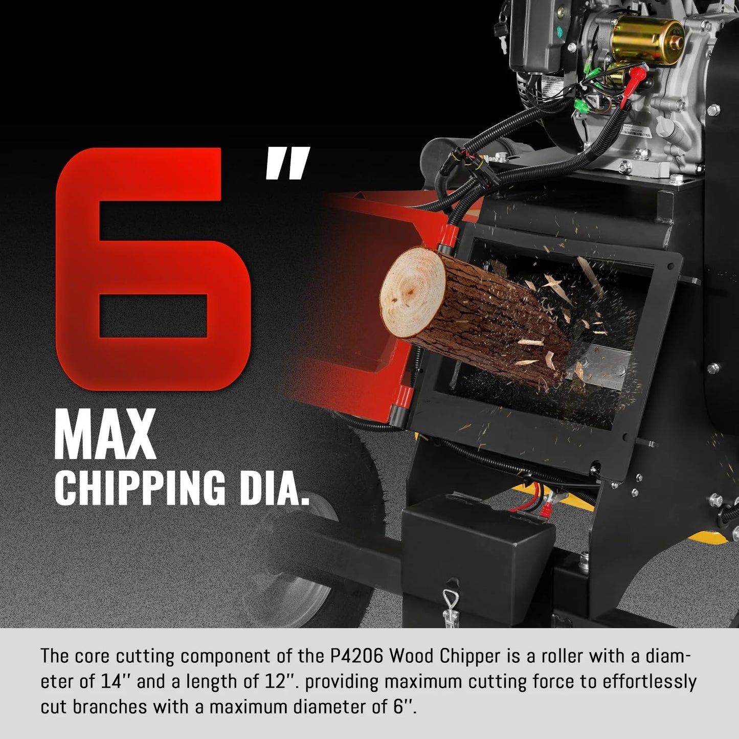 MechMaxx 6 inch ZONSEN 459cc 15hp E-Start Gas Powered 4-Wheels Wood Chipper Shredder Mulcher with Towbar/Tail Light/Emergency Stop Button/Stop Bar, Model B150 Red
