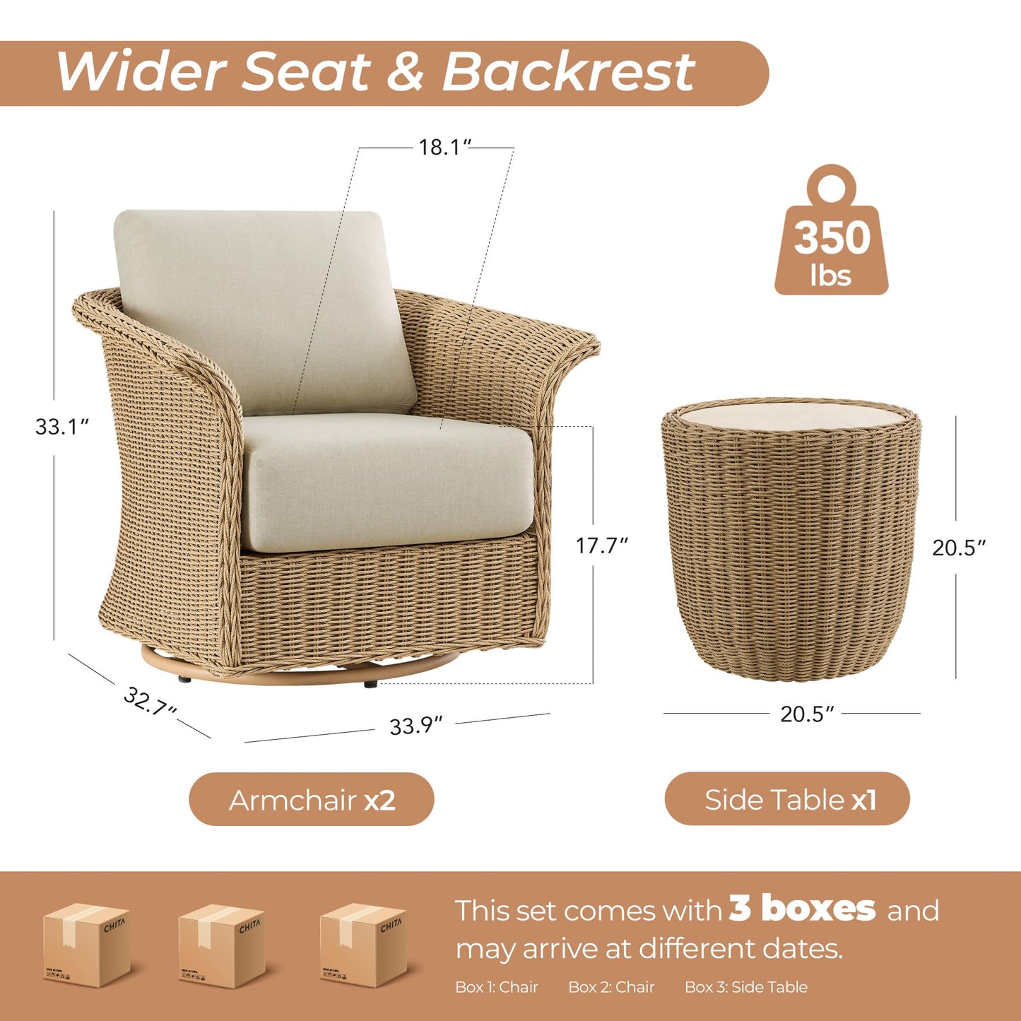 CHITA 3 Pieces Wicker Patio Bistro Set, Outdoor Rattan Furniture Set with 2 Pieces Thickened Cushion Swivel Chairs and Side Table for Backyard, Poolside, Garden or Porch