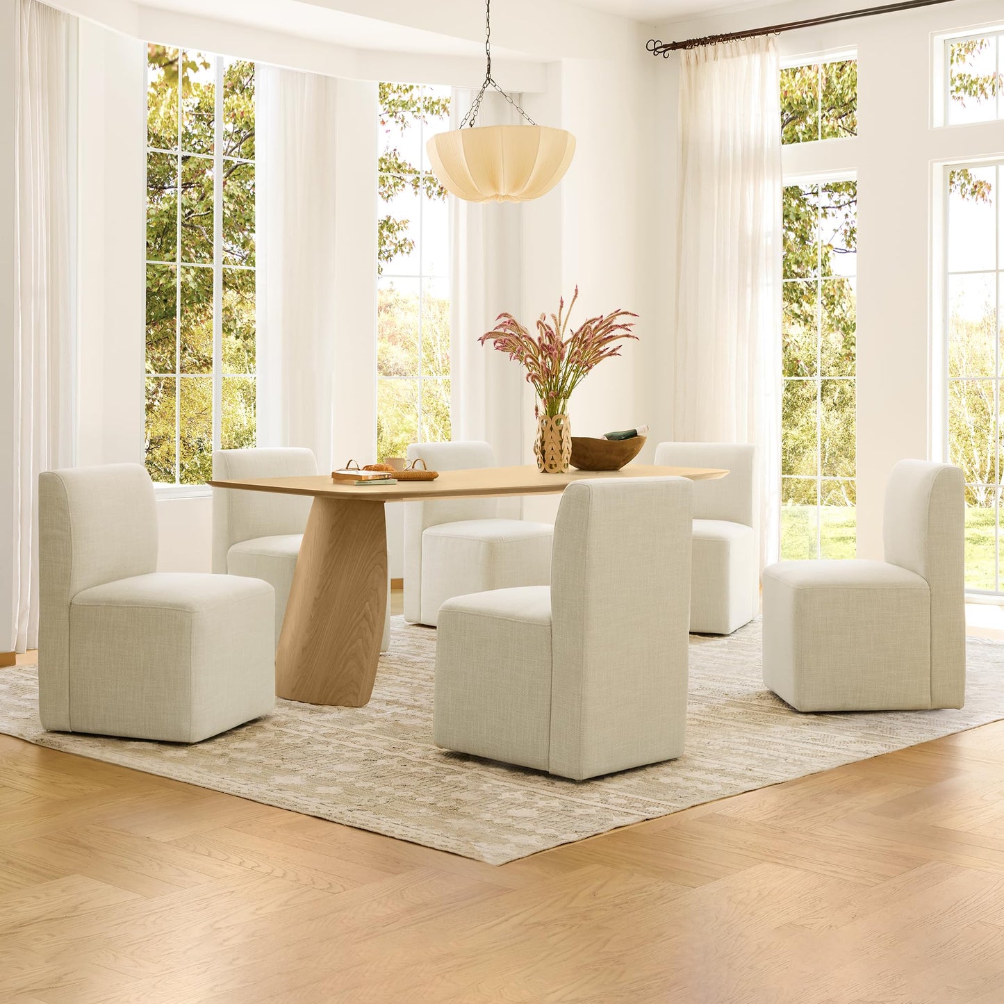 CHITA Dining Chairs with Casters Set of 2, FSC Certified Upholstered Armless Modern Rolling Dining Chairs with Rollers for Bedroom Reading Room Living Room, Fully Assembled, Linen