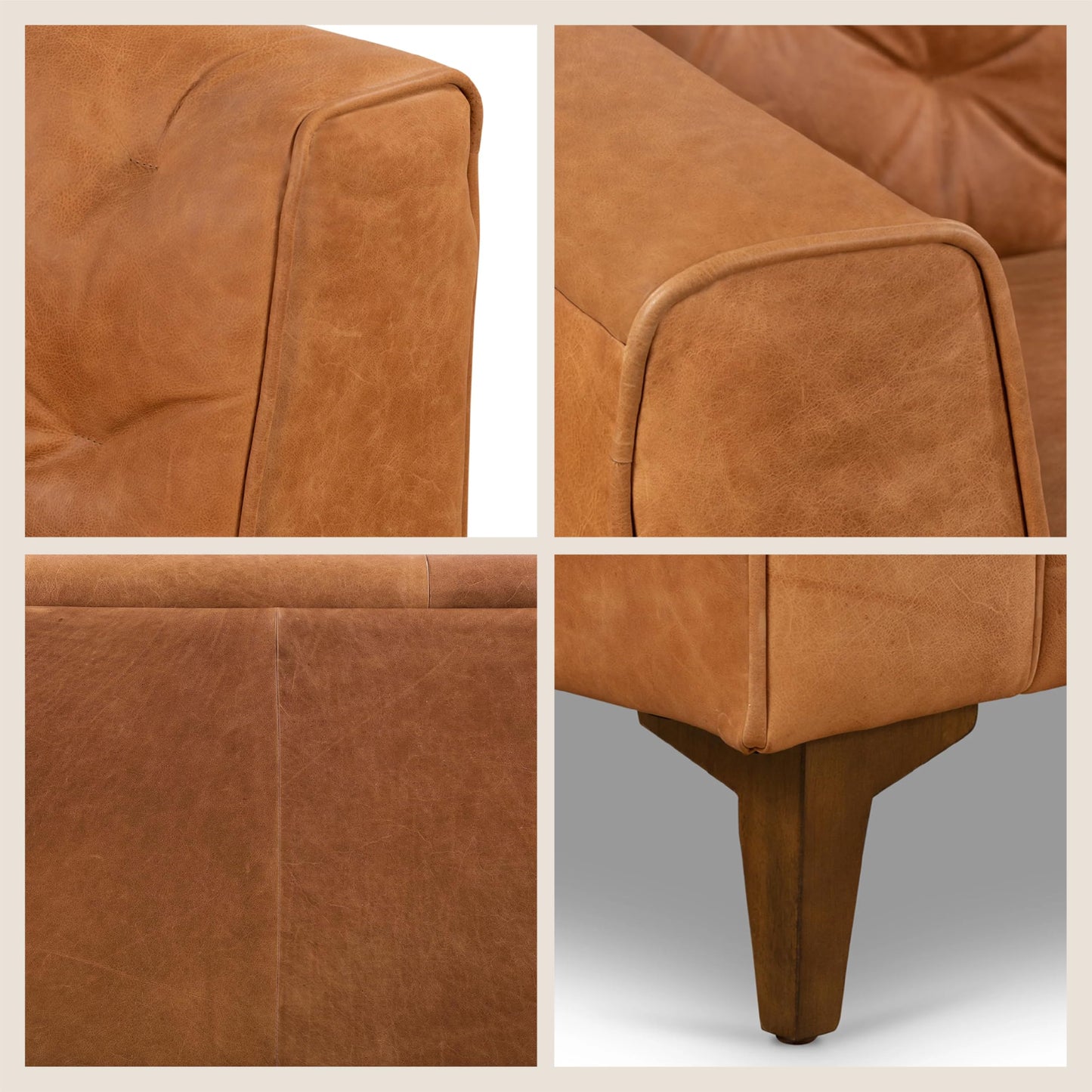 POLY & BARK Essex 89” Full-Grain Italian Leather Sofa – Tufted Back, Feather-Down Comfort, Solid Wood Frame, Cognac Tan
