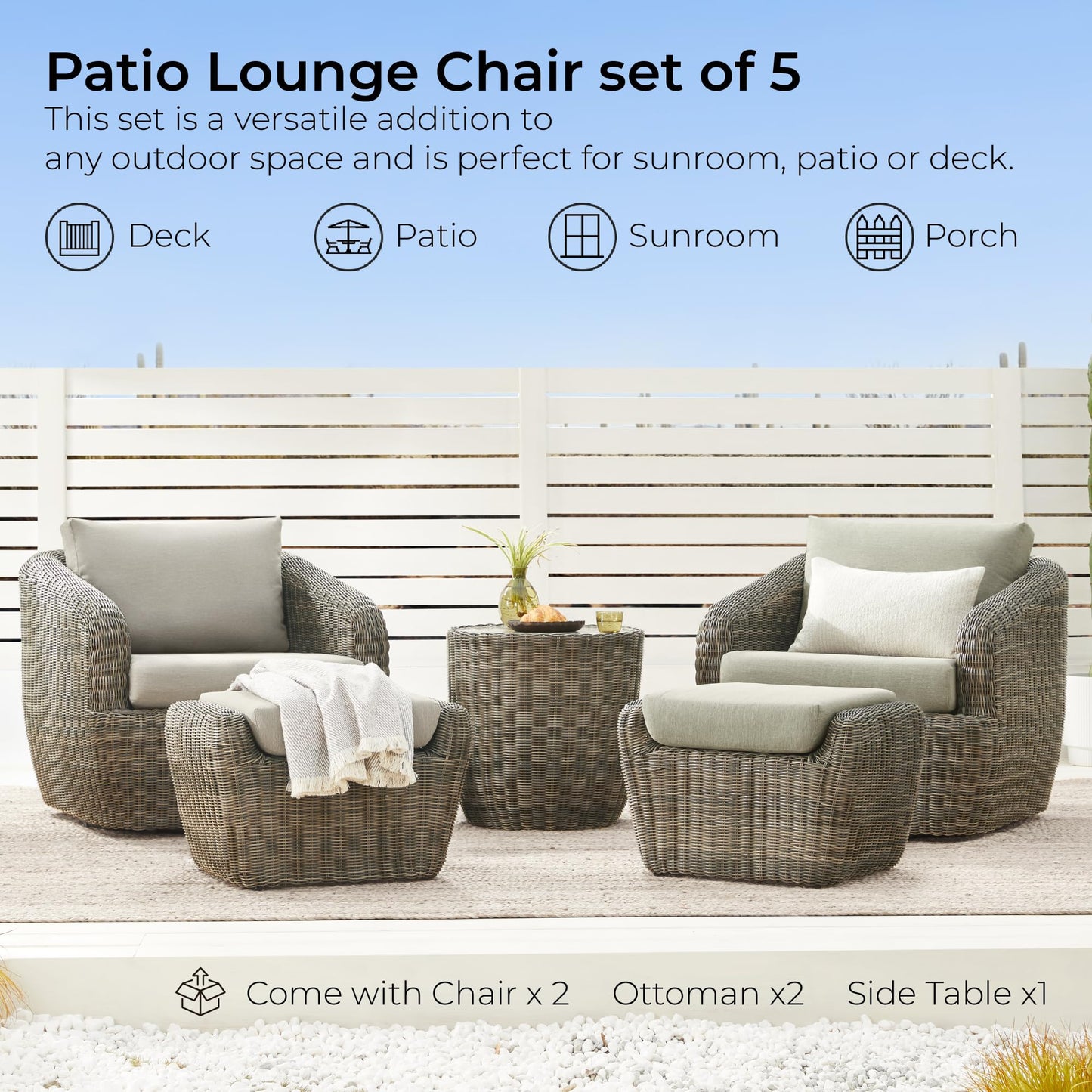 CHITA 5 Pieces Patio Wicker Furniture Set, Outdoor Rattan Bistro Set with Removable Thickened Cushions, Fully Assembled(Beige Cushions with Light Brown Wicker)