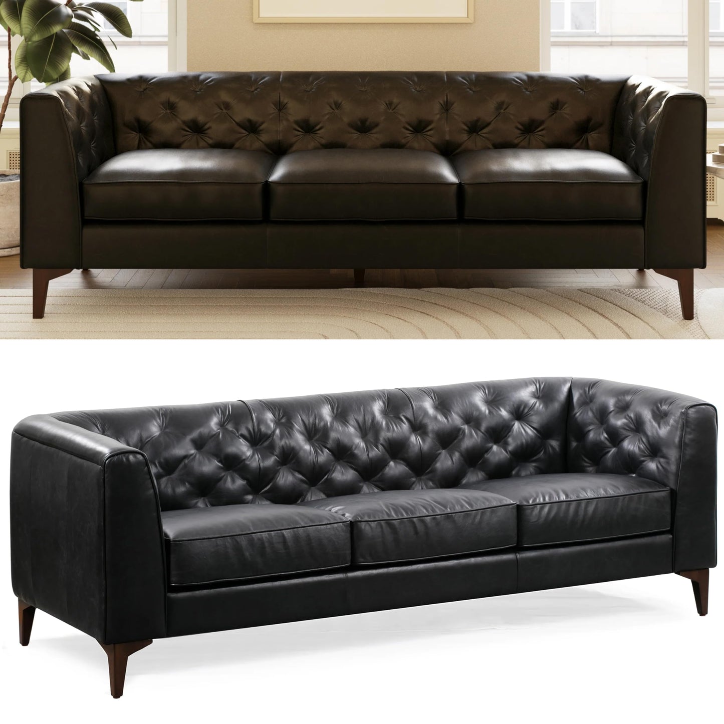 POLY & BARK Essex 89” Full-Grain Italian Leather Sofa – Tufted Back, Feather-Down Comfort, Solid Wood Frame, Cognac Tan