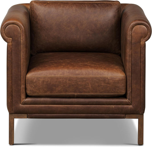 Poly & Bark Bruges Leather Lounge Chair – Chocolate Brown Full-Grain Leather Upholstery – Modern Upholstered Accent Chair for Living Room or Bedroom – Indoor Lounge Seating with Soul