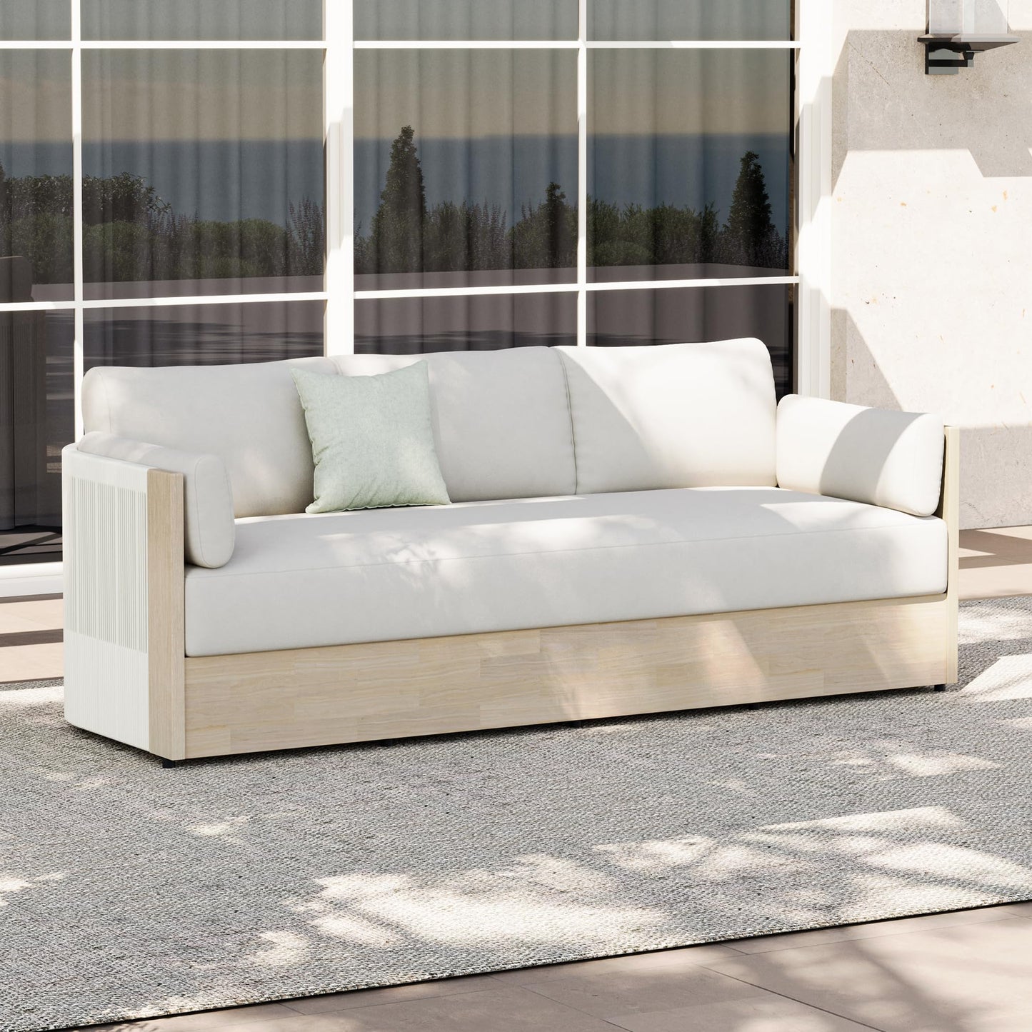 CHITA 3 Pieces Boho Patio Rattan Bistro Set, Outdoor Wicker Furniture Swivel Chairs & Side Table Set with 2 Arm Pillows, Acacia Wood Frame, Fully Assembled(Cream)