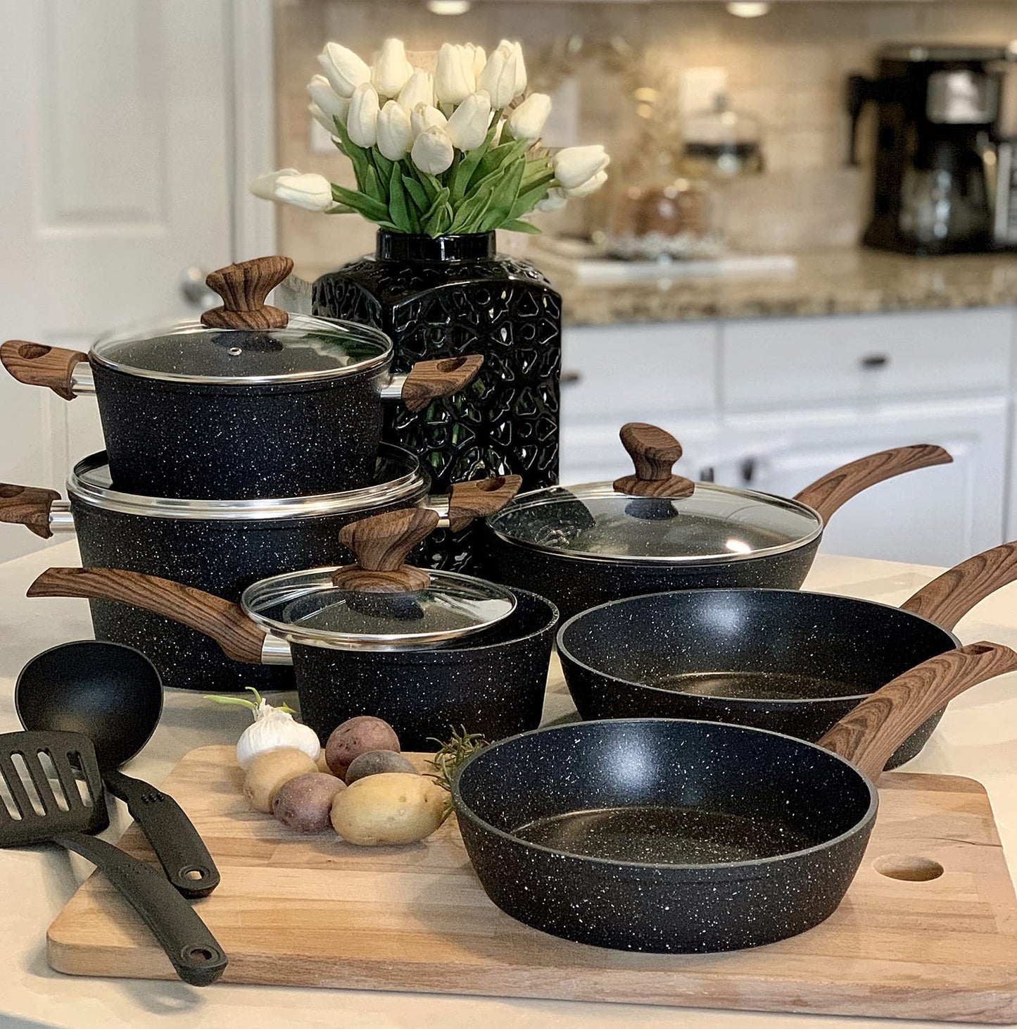 Kitchen Academy Induction Cookware Sets - 12 Piece Pots and Pans Set Non Stick, Black Granite Nonstick Cooking Pan Set(PFOS, PFOA Free)