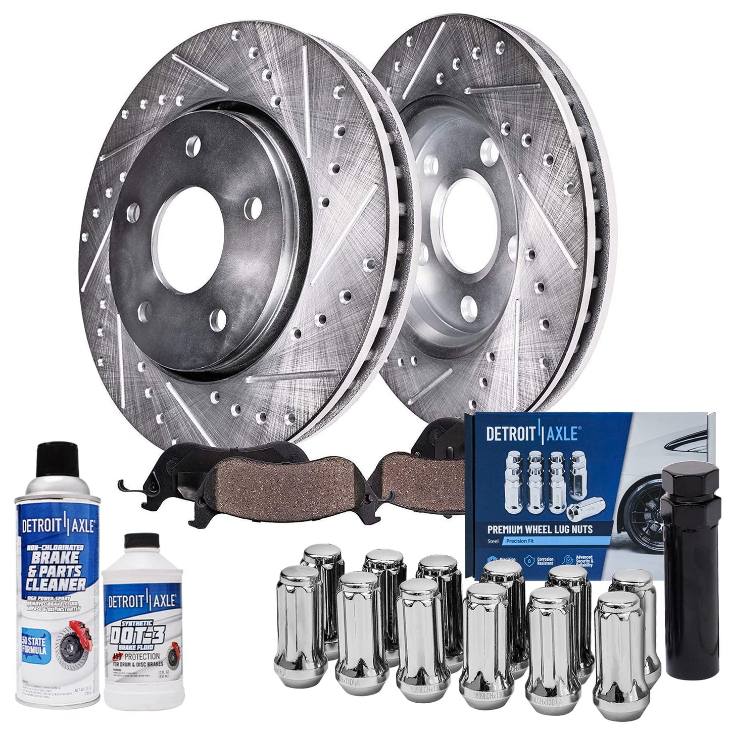 Detroit Axle - Brake Kit for 2006-2018 Dodge Ram 1500 2007-2009 Durango Chrysler Aspen 2019-2024 Ram 1500 Classic, Drilled Slotted Brake Rotors and Ceramic Brakes Pads w/Hardware Replacement