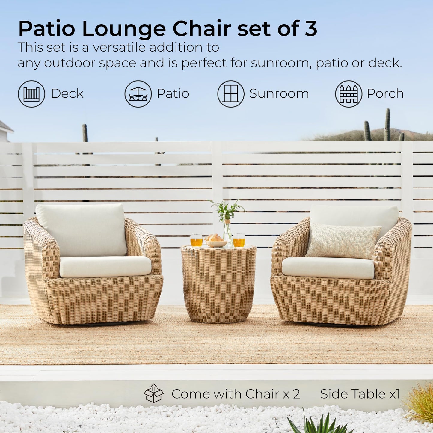 CHITA 5 Pieces Patio Wicker Furniture Set, Outdoor Rattan Bistro Set with Removable Thickened Cushions, Fully Assembled(Beige Cushions with Light Brown Wicker)