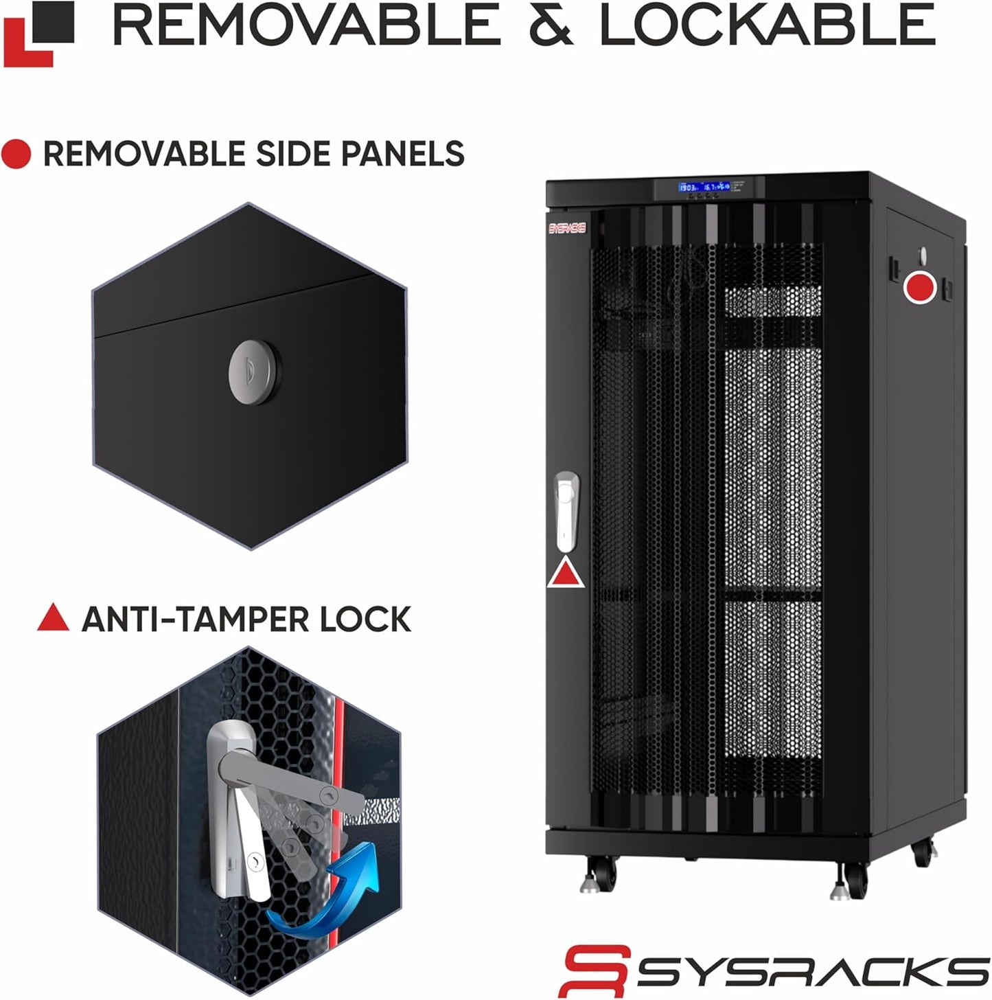 Sysracks 27U Server Rack Cabinet, 39" Deep, Vented Door, 19-Inch | 4 fans, thermostat controller, PDU, shelf, casters, 1600 lb capacity