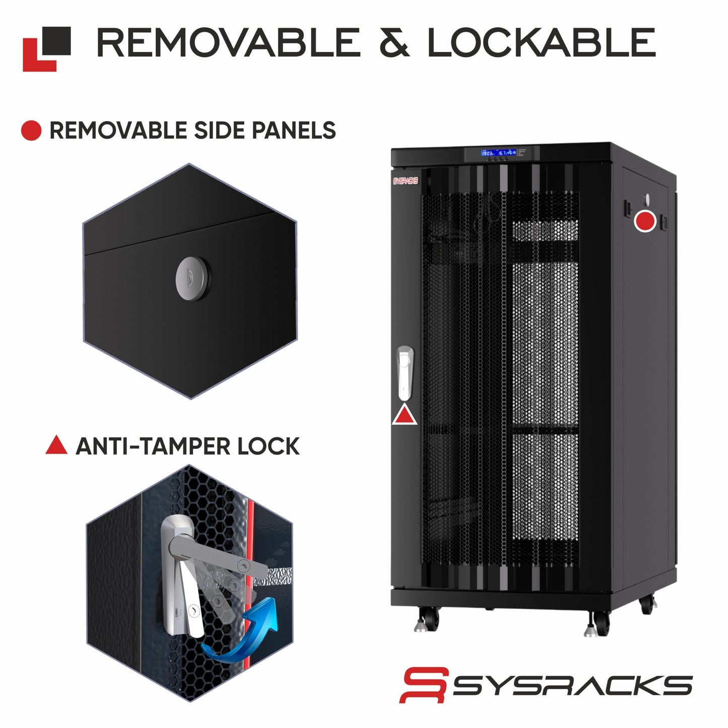 Sysracks 27U Server Rack Cabinet, 39" Deep, Vented Door, 19-Inch | 4 fans, thermostat controller, PDU, shelf, casters, 1600 lb capacity