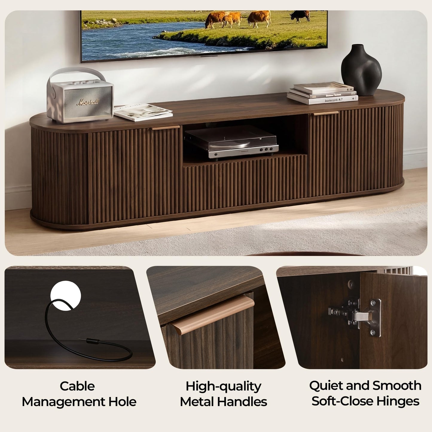 CHITA 70" Fluted TV Stands for Living Room for TVs Up to 80", Mid Century Modern Entertainment Center with Drawers, TV Console for Living Room with Storage and Adjustable Shelves, Walnut