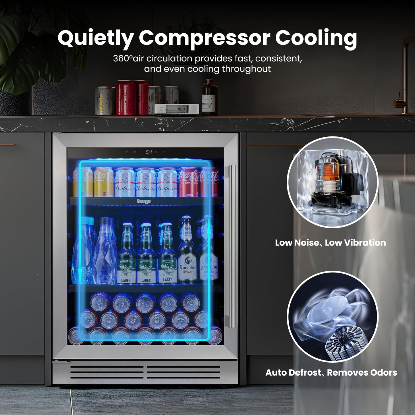 Yeego 24-Inch Beverage Refrigerator, Built-In or Freestanding Beverage Cooler, Up to 180 Cans, Glass Door Mini Fridge for Soda, Beer, Water & Wine (Left-Hinged)