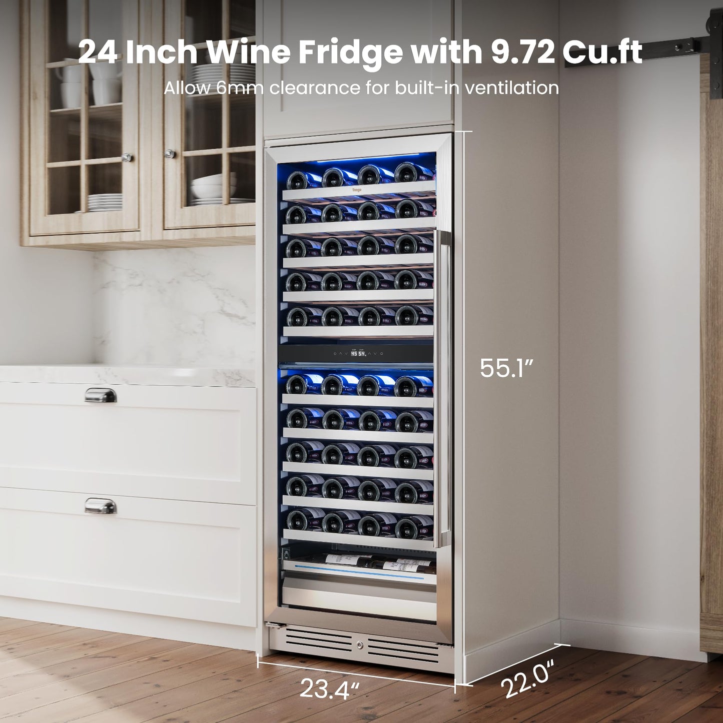 Yeego 24 Inch Wine Fridge Cooler - 52 Bottles Wine Cooler with Glass Door, 40-65℉ Built-In or Freestanding Refrigerator, Under Counter Wine Fridge for Kitchen Bar Office (Left-Hinged)