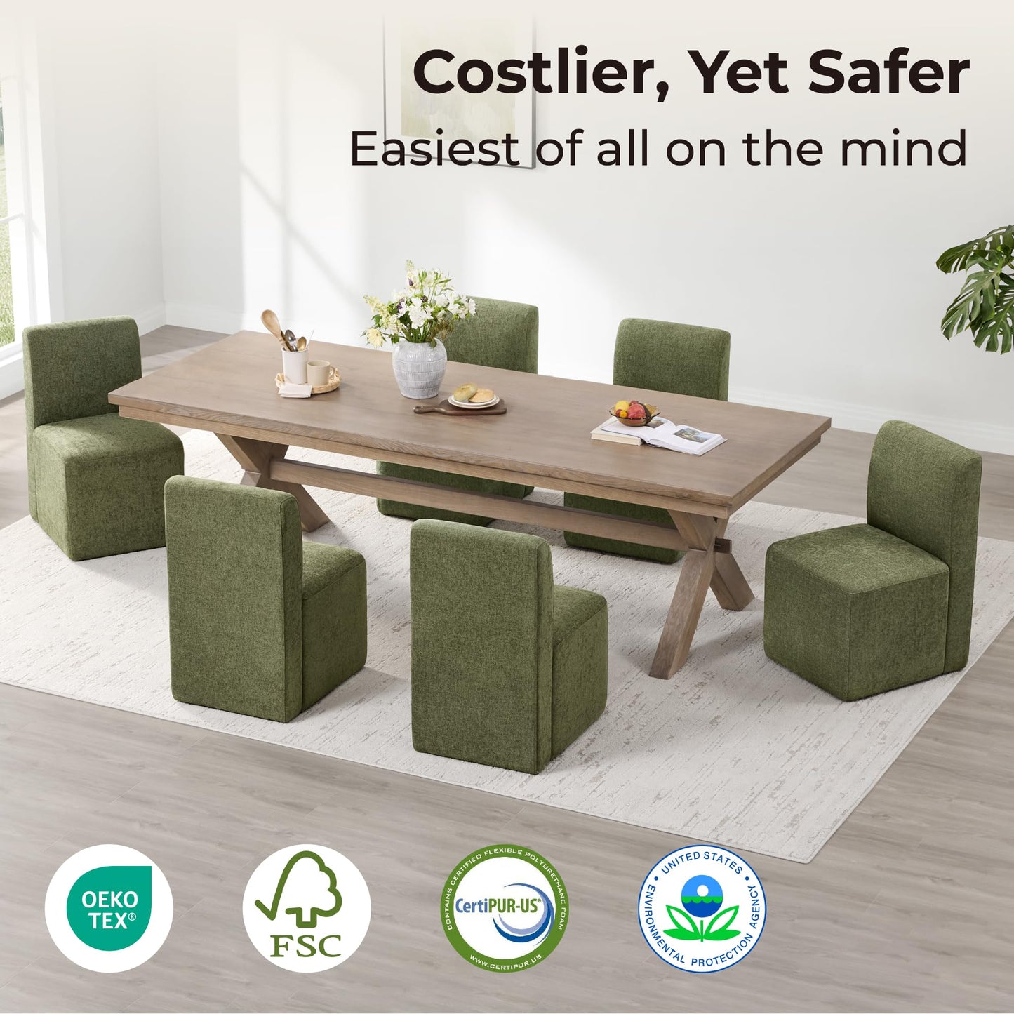 CHITA Dining Chairs with Casters Set of 2, FSC Certified Upholstered Armless Modern Rolling Dining Chairs with Rollers for Bedroom Reading Room Living Room, Fully Assembled, Linen