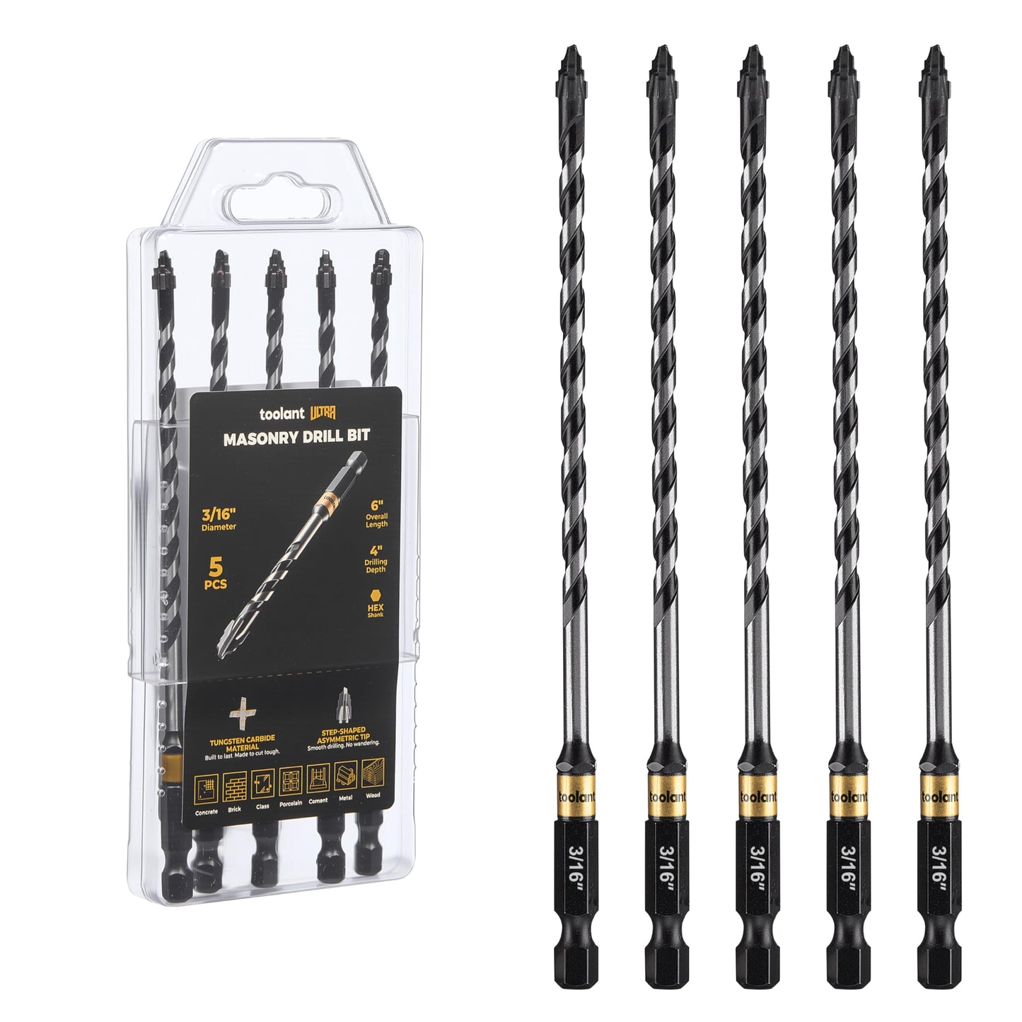 toolant Serrated Eccentric Masonry Drill Bit Set(5pcs),Four Edge Concrete Drill Bits for Glass, Tile, Brick, Cement Concrete Plastic,5/32"-3/8",Industrial Strength Carbide Drill Bit Tip