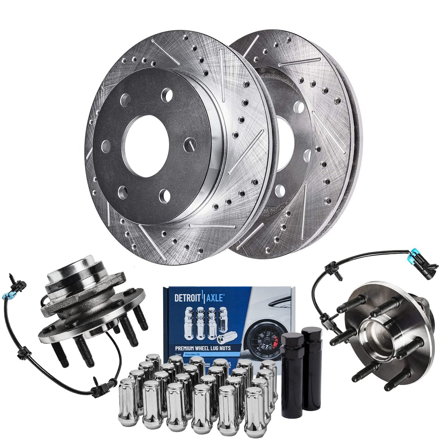 Detroit Axle - Brake Kit for 2012-2020 Ford F-150 Drilled & Slotted Brake Rotors and Ceramic Brakes Pads 2013 2014 2015 2016 2017 2018 2019 Front and Rear Replacement