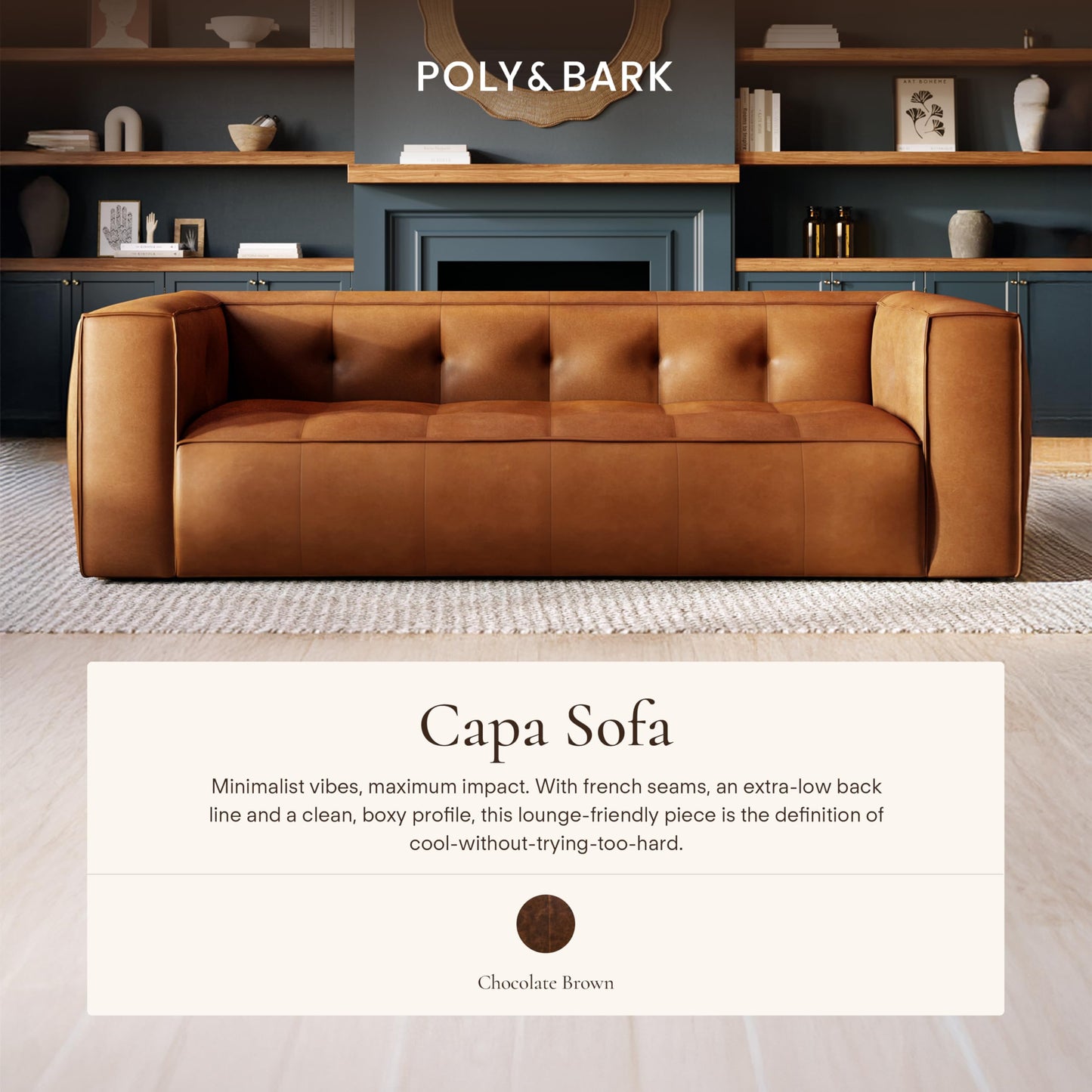 POLY & BARK Capa 96.5" Sofa – Chocolate Brown Full-Grain Pure-Aniline Italian Leather, Boxy Modern Design, Feather-Fiber Cushions, Solid Wood Frame