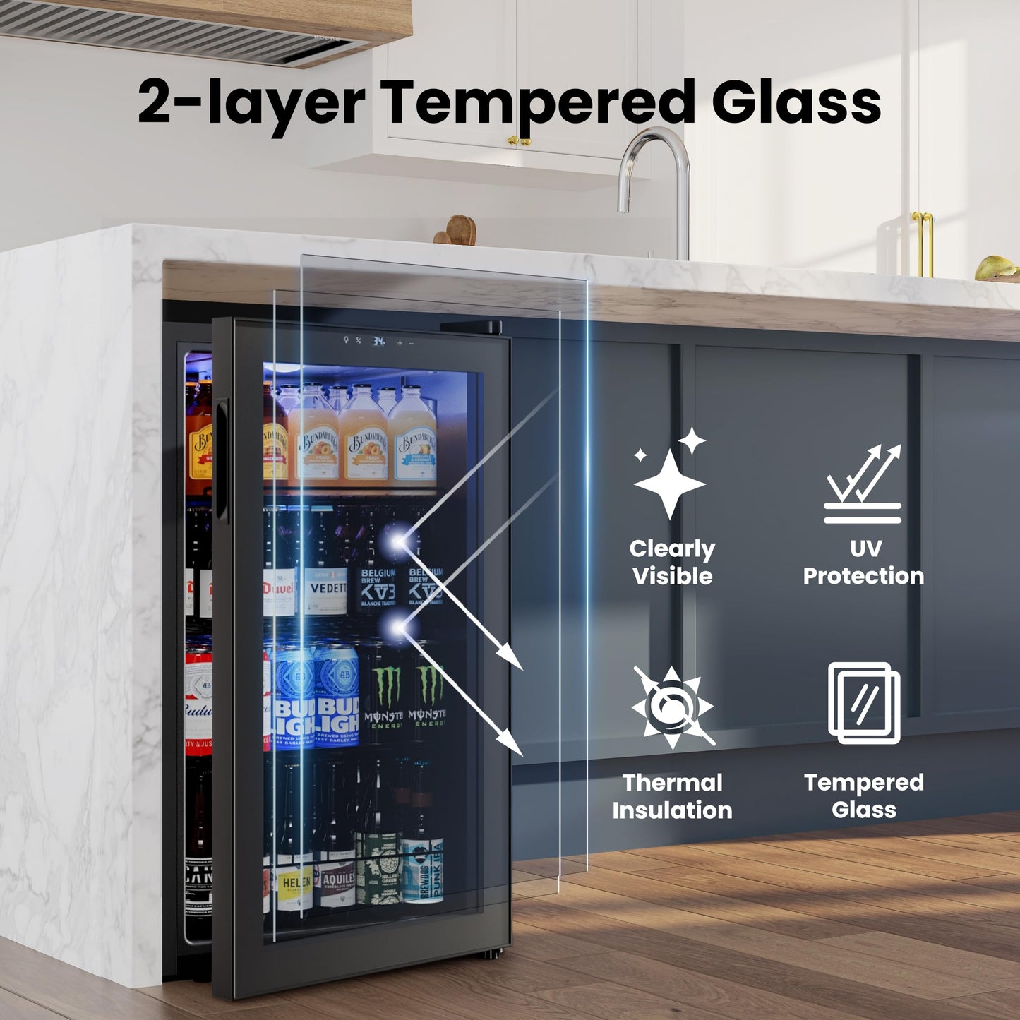 Yeego Beverage Refrigerator, 130 Can Mini Fridge with Glass Door, Adjustable Shelves, Digital Temperature Control 34°F-54°F, Drink Cooler for Soda, Beer and Wine, Freestanding or Under Counter, Black