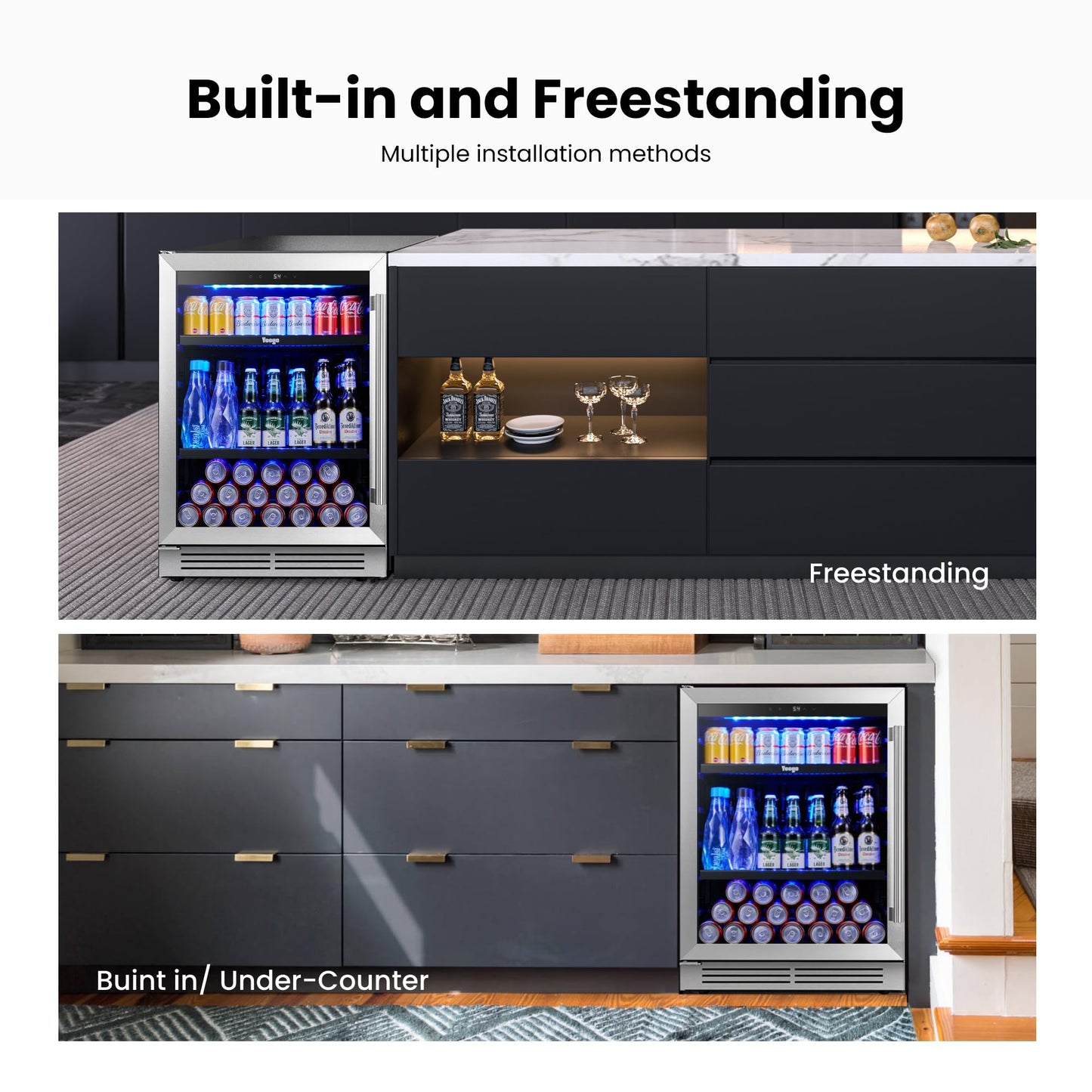 Yeego 24-Inch Beverage Refrigerator, Built-In or Freestanding Beverage Cooler, Up to 180 Cans, Glass Door Mini Fridge for Soda, Beer, Water & Wine (Left-Hinged)
