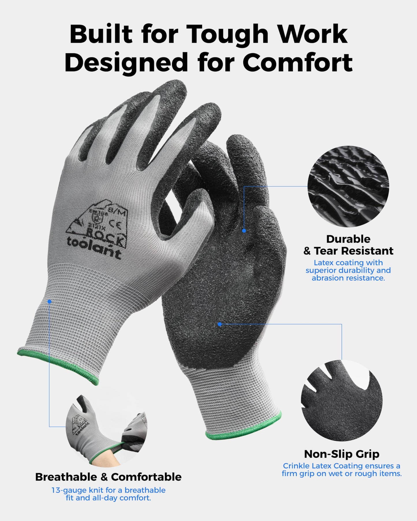 toolant Crinkle Latex Work Gloves Bulk, Rubber Coated Safety Work Gloves for Men and Women, 12 Pairs for Construction, Gardening, Warehouse (Black, Large)