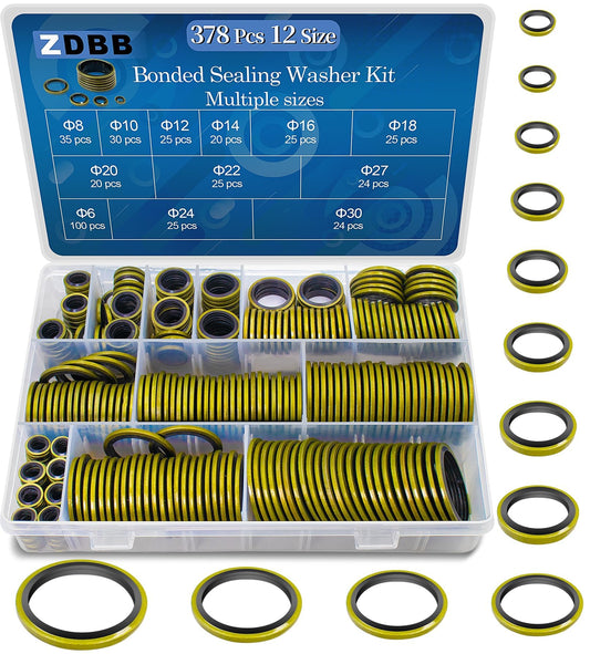 ZDBB 12 Sizes 378 Pcs Bonded Sealing Washer Kit,Automotive Self-Centred AC Seal Metal Rubber Gasket Repair Assortment Set M6 M8 M10 M12 M14 M16 M18 M20 M22 M24 M27 M30 (Metric)