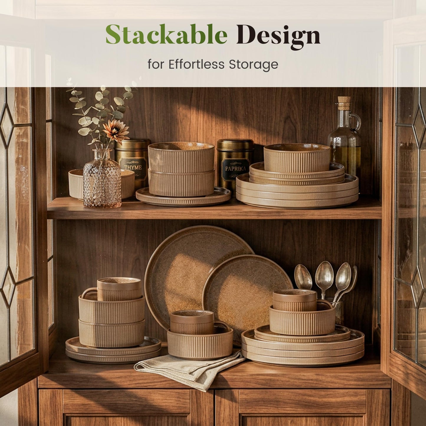 Kitchen Academy Brown Stoneawre Dinnerware Sets for 8, 24Pcs Ceramic Non Toxic Plates and Bowls Sets, Scratch Resistant Dishes, Oven & Microwave Safe