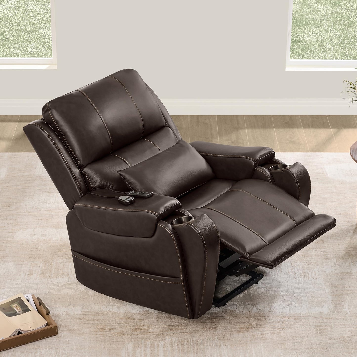 CHITA Power Lift Recliner Chair for Elderly with Heat and Massage, Genuine Leather Electric Lift Chairs with Cup Holder, Removable Lumbar Pillow, 2 Side Pockets, Leather in Navy