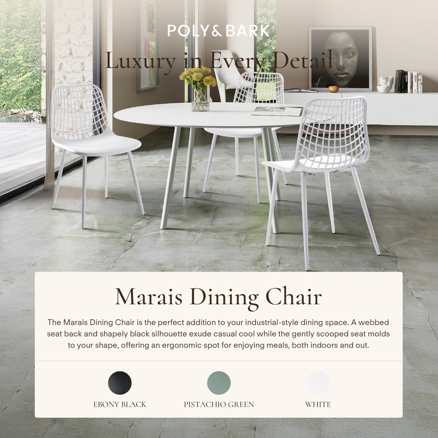 POLY & BARK Isla Modern Dining Chairs Set of 4 – Mid Century Modern Plastic Dining Chair with Metal Legs – Kitchen & Dining Room Chairs – Indoor/Outdoor – White