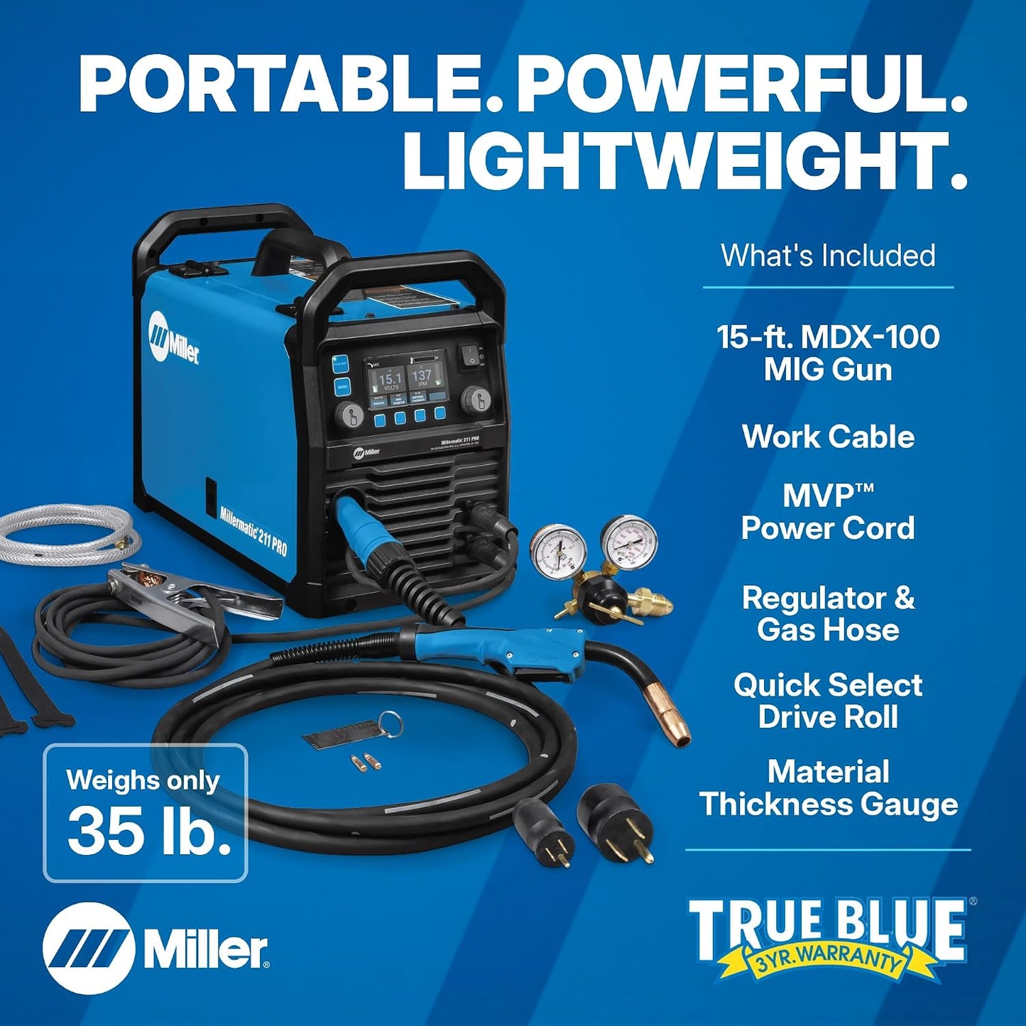 Millermatic® 211 PRO MIG Welder Machine, Dual-Voltage, Auto-Set™ | 120/240V MIG welder; Welds steel, aluminum to 3/8 in; thick; Features Auto-Set™, Dyna-Pulse™, upgradable software
