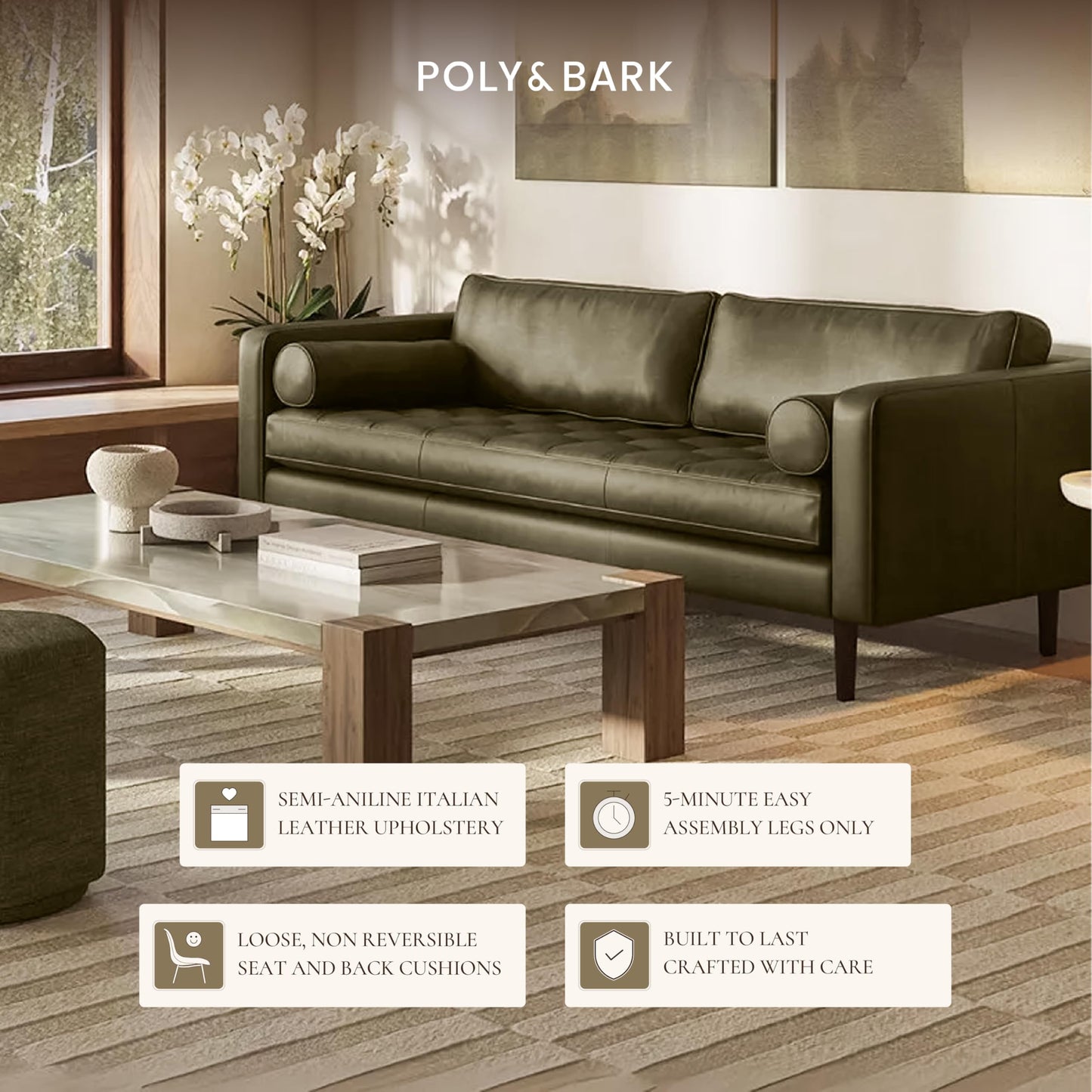 POLY & BARK Napa 82" Leather Pull‑Out Sleeper Sofa – Full‑Grain Italian Leather Upholstery,Tri‑Layer Mattress & Storage Console –Sophisticated Multi‑Functional Sofa Bed for Living Rooms & Guest Spaces