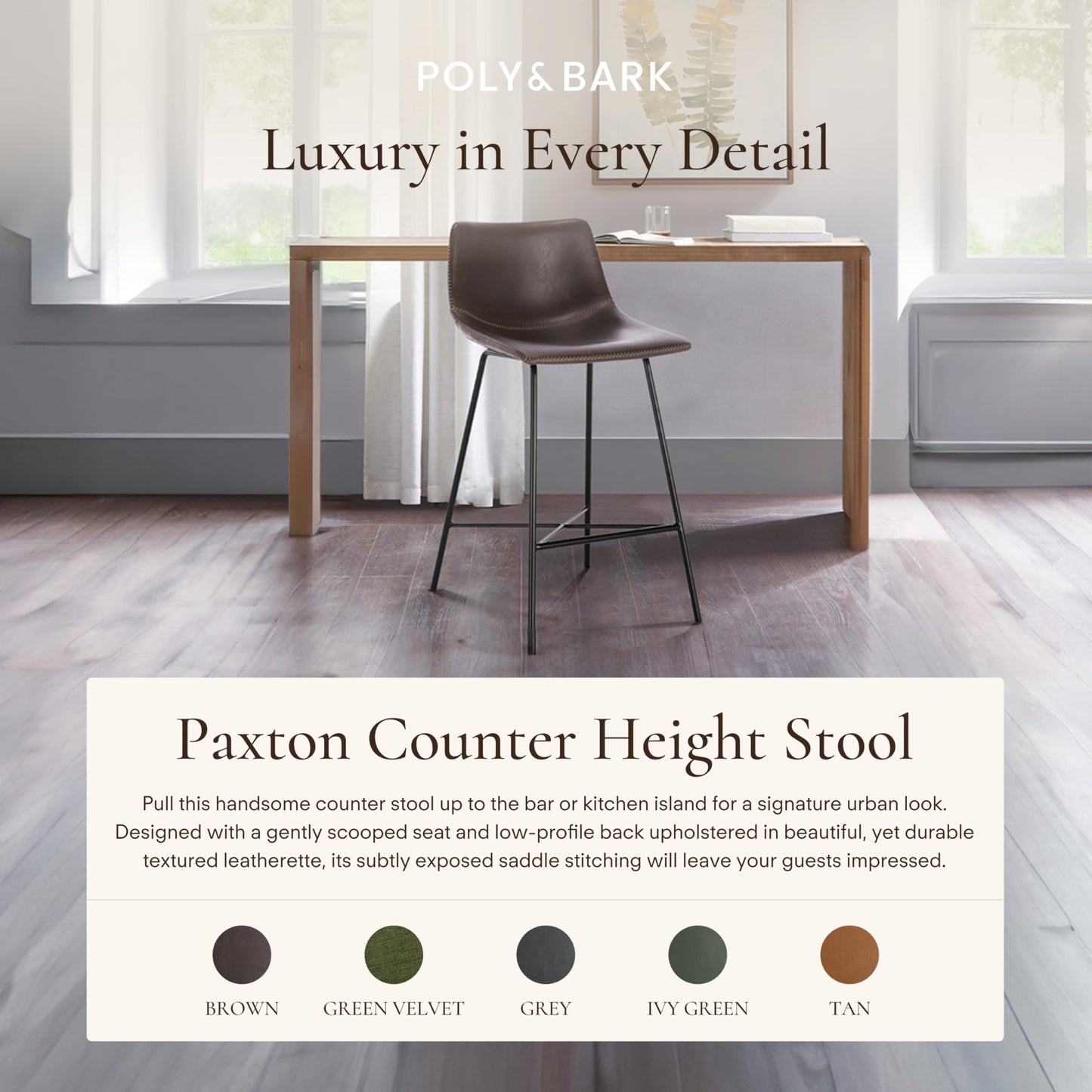 POLY & BARK Paxton Leather Counter Stools 24 Inches – Set of 2 - Counter Height Bar Stools with Back – Modern Barstools for Kitchen Island or Counters – Faux Leather & Matte Black Steel Base – Tan