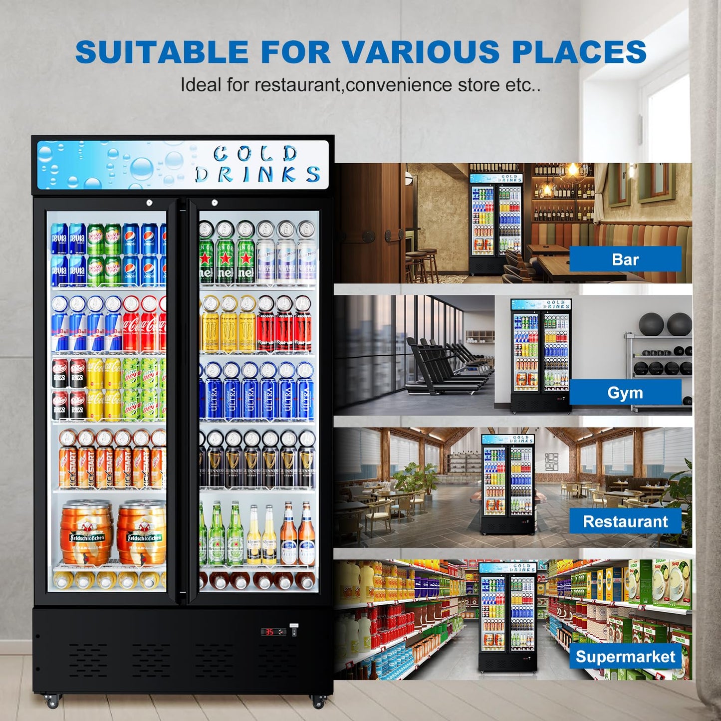 25.7'' W Commercial Refrigerators with Glass Door, 15 Cu.ft. Beverage Refrigerators Commercial Fridge Upright Display Cooler with Soft LED Light and Adjustable Shelves for Restaurant Stores