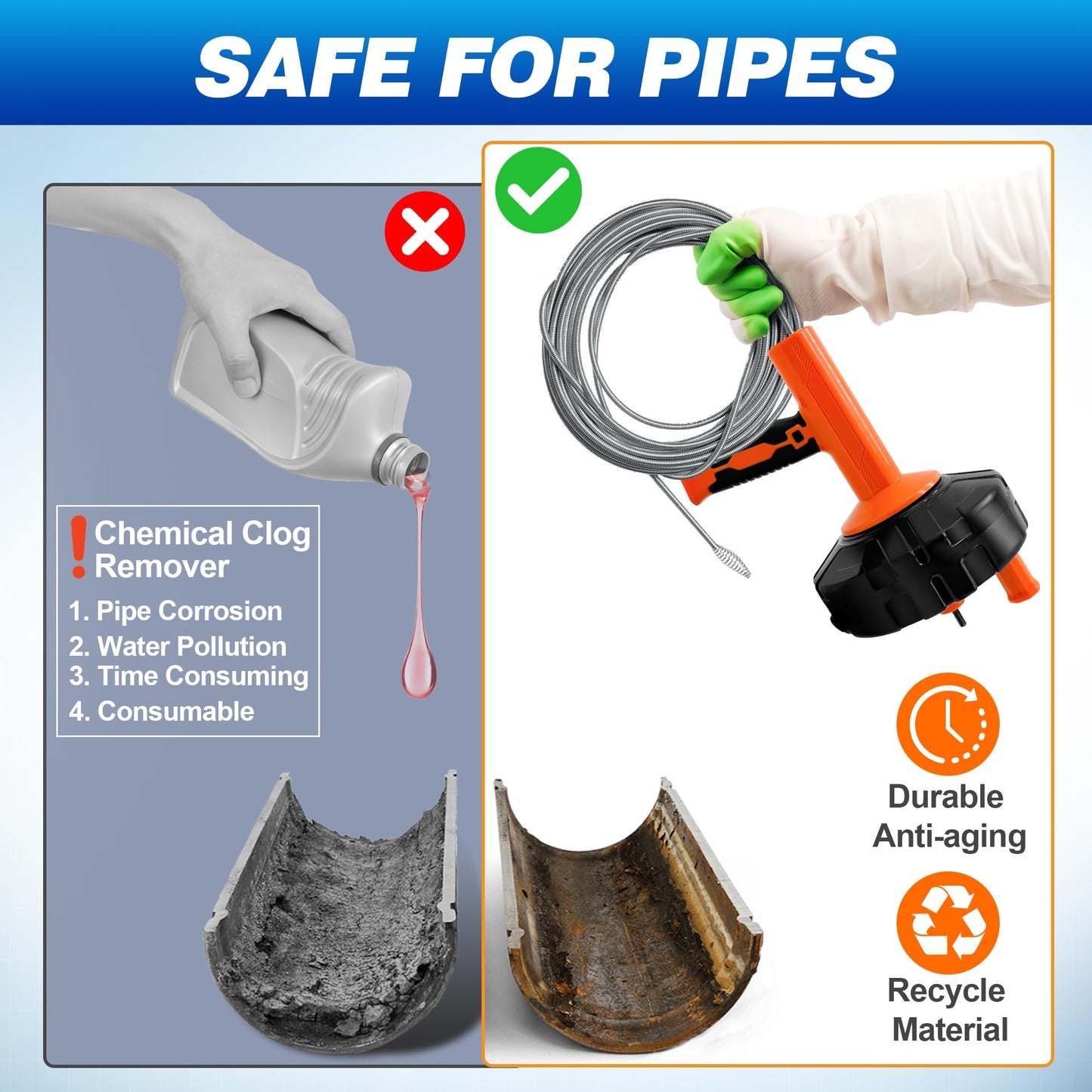 Drain Auger 33Ft, Auto-Feed Drain Snake Hair Drain Clog Remover Sink Auger | Drill Adapter for Quickly Unclogging, Long Flexible Plumbing Snake for Deep Pipe Clog, Bathroom Shower, Bathtub, Kitchen Sink