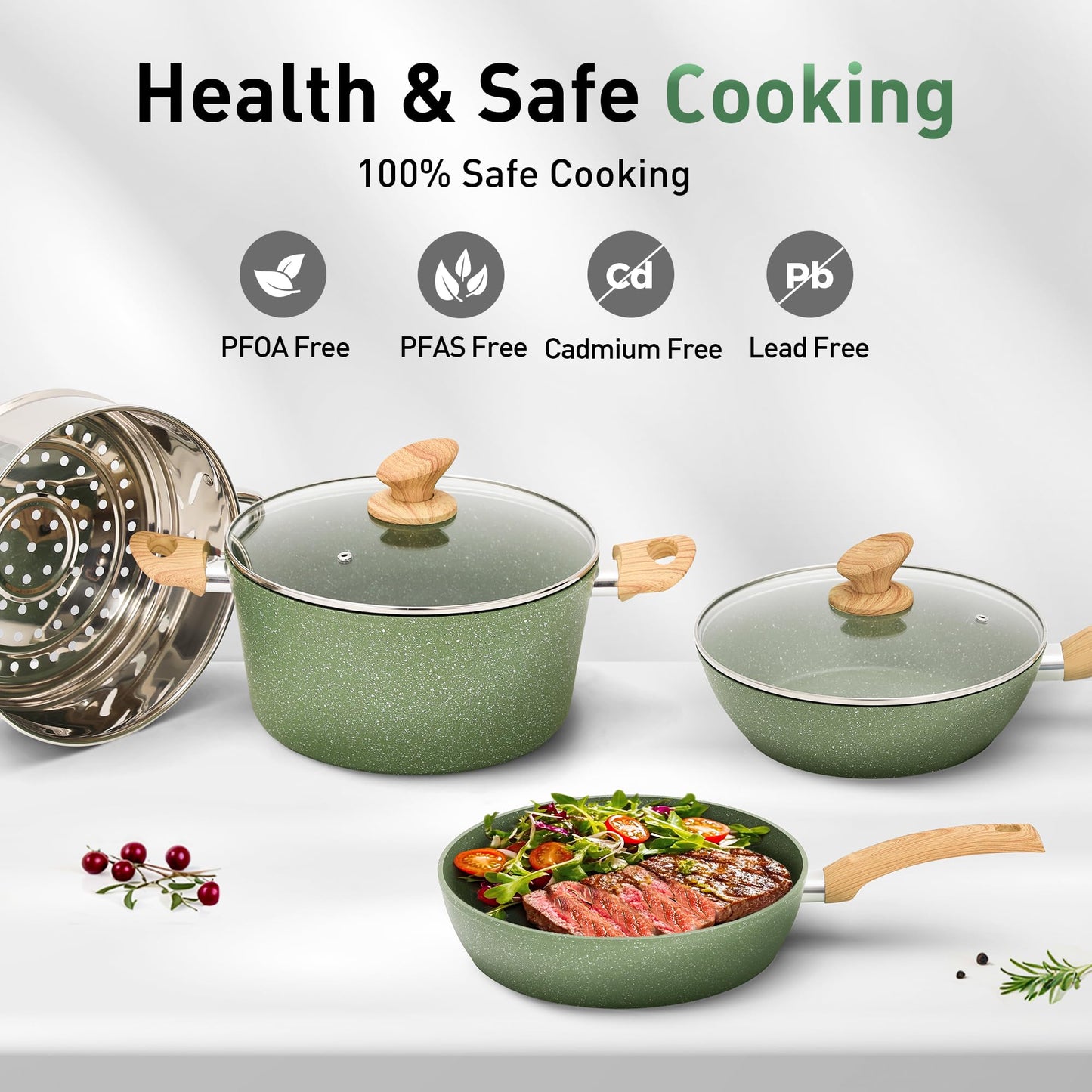 Kitchen Academy Induction Cookware Set Non Stick, 17Pcs Granite Pots & Pans | Nonstick Cooking Frying Pans for Induction Gas Electric Stove, Non-Toxic PFOA & PFOS Free, Black