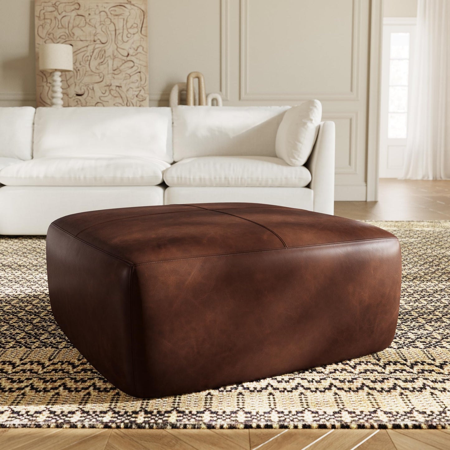 POLY & BARK Denver Ottoman – 43" Large Pouf with Feather-Down Topper – Full-Grain Leather Upholstered Pouf Ottoman for Living Room – Vintage Italian Leather in Cognac Tan