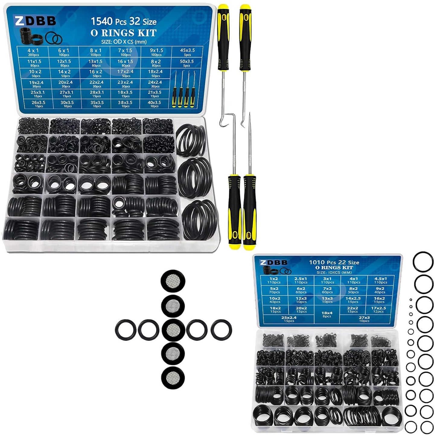 ZDBB 2210 Pcs Rubber O Rings Kit,18 ID Size and 32 OD Size O Rings Assortment with Pick and Hook Set of 2 Box
