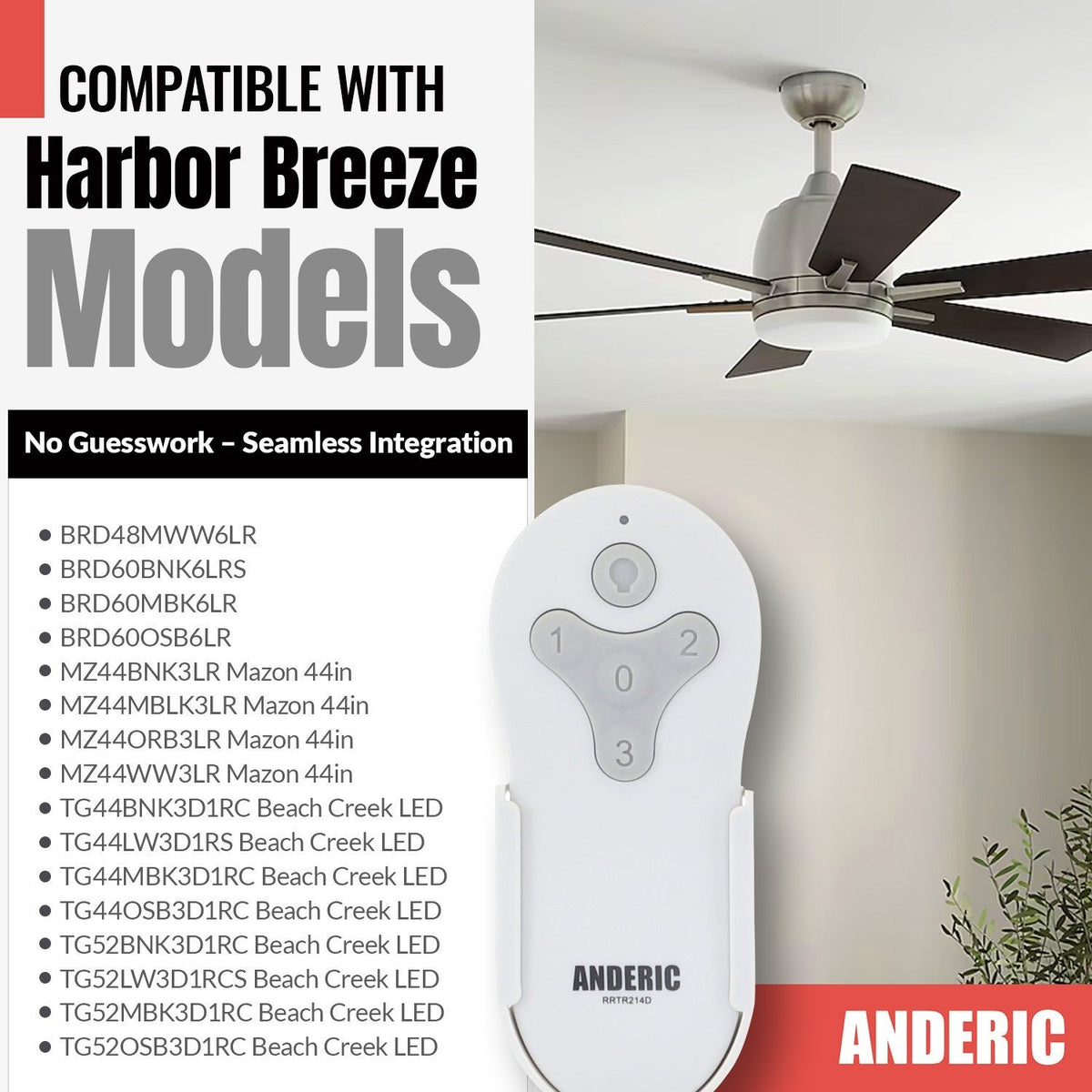 Anderic Substitute For Harbor Breeze TR214A KUJCE10610 Ceiling Fan Remote Control [RRTR214D]