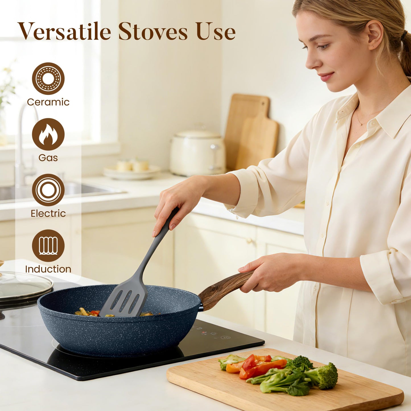 Kitchen Academy Induction Cookware Sets - 12 Piece Pots and Pans Set Non Stick, Black Granite Nonstick Cooking Pan Set(PFOS, PFOA Free)