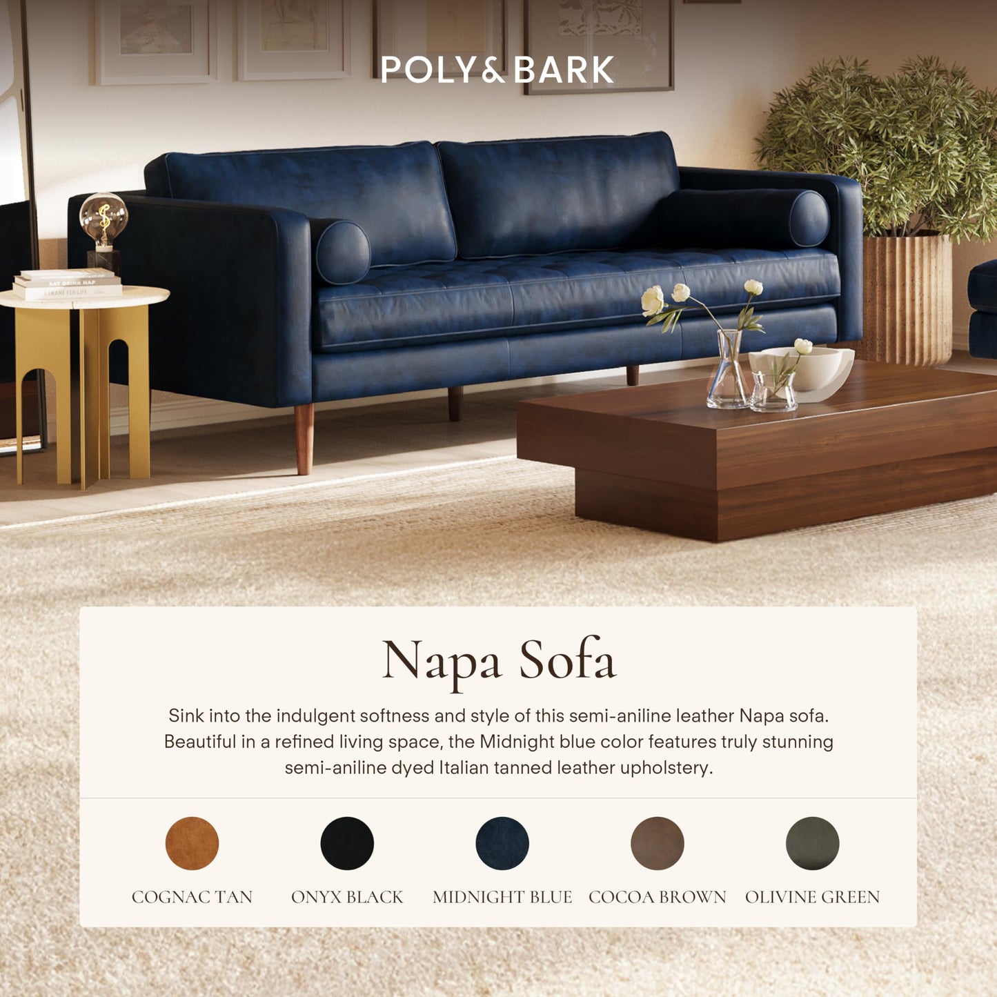 POLY & BARK Napa 82" Leather Pull‑Out Sleeper Sofa – Full‑Grain Italian Leather Upholstery,Tri‑Layer Mattress & Storage Console –Sophisticated Multi‑Functional Sofa Bed for Living Rooms & Guest Spaces