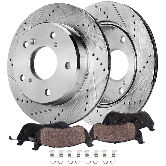 Detroit Axle - Front Brake Kit for Ford 2012-2022F-250 Super Duty, 2013-2022 F-350 Super Duty, 2013-2016 F-450 Super Duty, 14.29" inch Drilled and Slotted Disc Brake Rotors Ceramic Brakes Pads