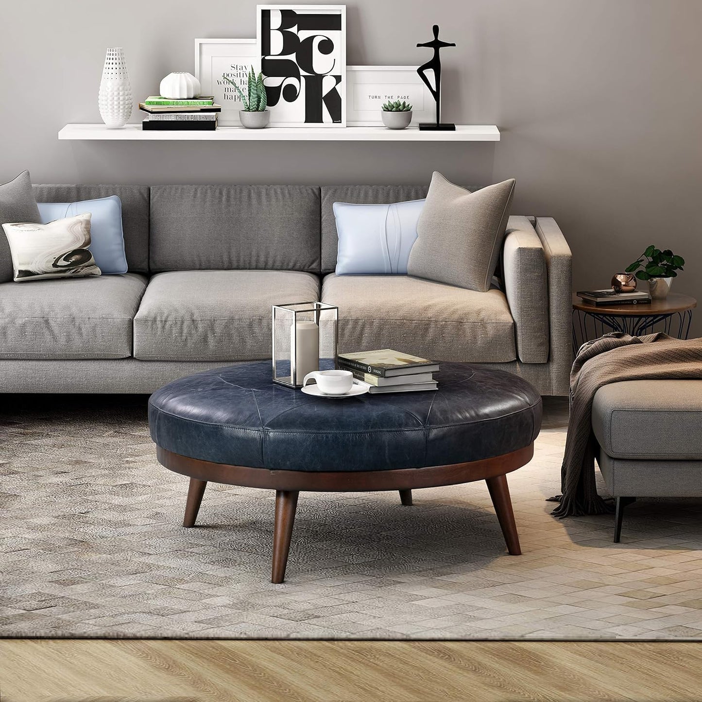 POLY & BARK Denver Ottoman – 43" Large Pouf with Feather-Down Topper – Full-Grain Leather Upholstered Pouf Ottoman for Living Room – Vintage Italian Leather in Cognac Tan