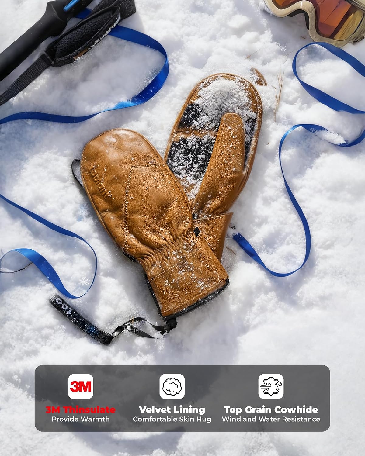toolant Leather Ski Mittens, Winter Gifts for Men & Women, 3M Thinsulate, Waterproof & Durable for Snowboarding, Outdoors