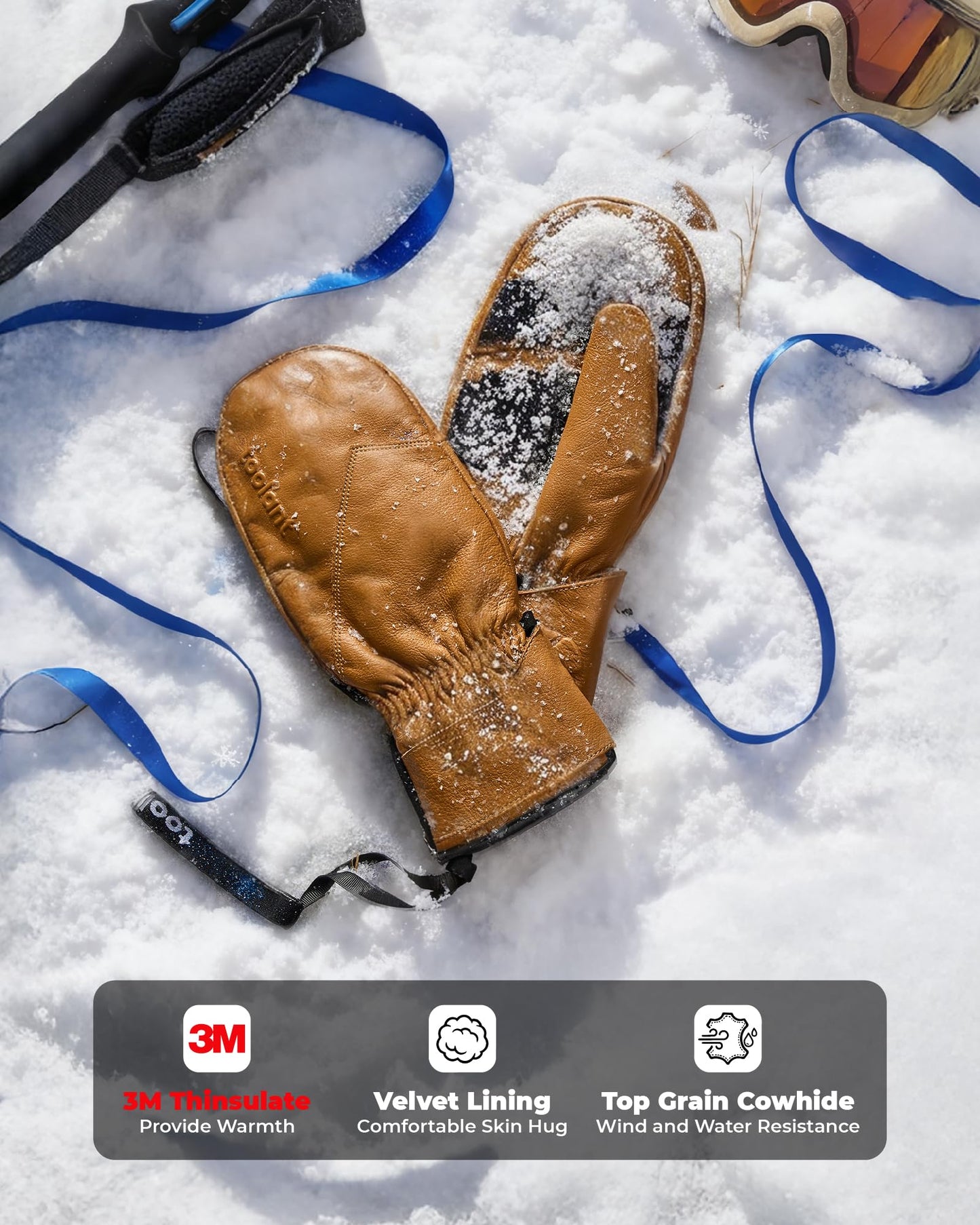 toolant Leather Ski Mittens, Winter Gifts for Men & Women, 3M Thinsulate, Waterproof & Durable for Snowboarding, Outdoors