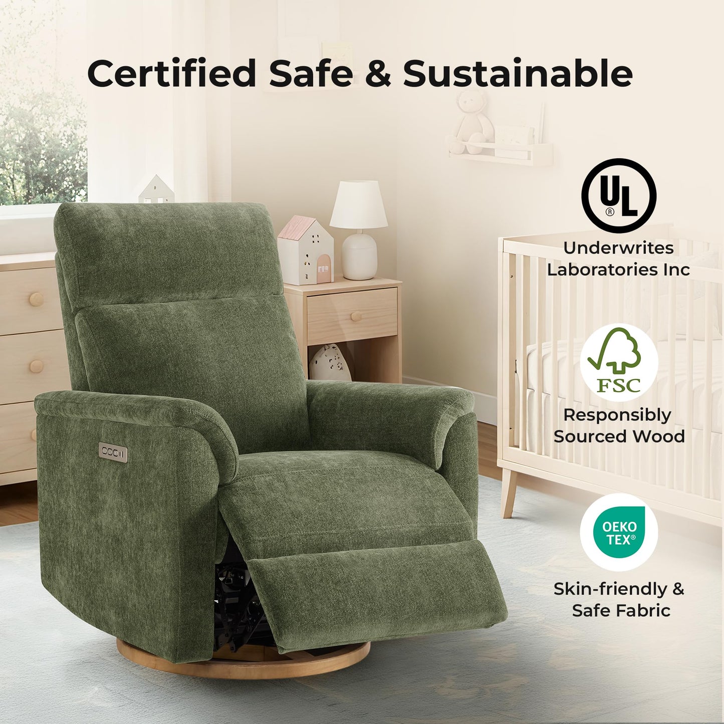 CHITA Power Swivel Glider for Adults with Nightlight, Nursery Recliner Chair with Power Headrest for Living Room, Bedroom, Water-Resistant Boucle Fabric in Sand